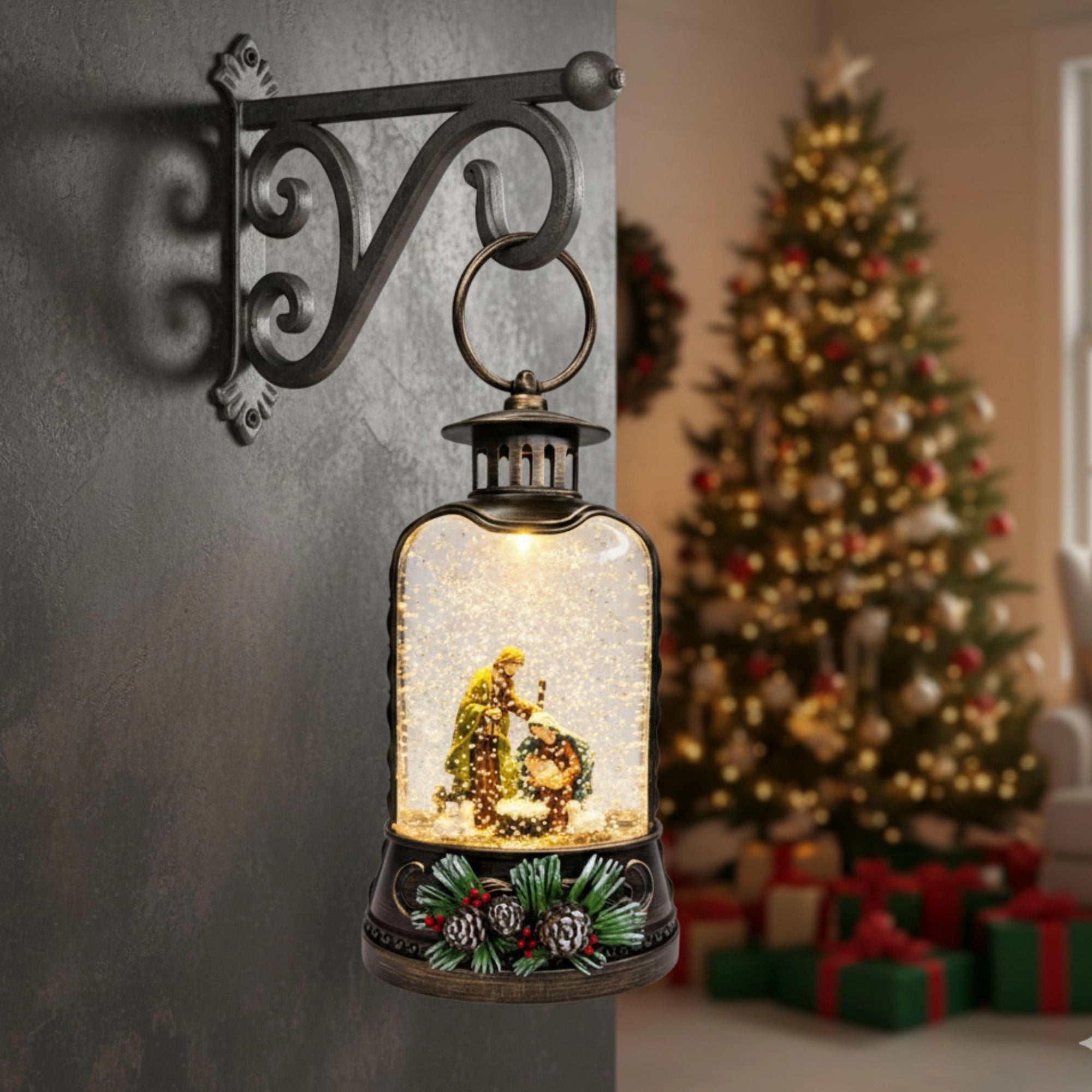 2pc/Box Lighted Nativity Water Lantern: Holy Family Glitter Snow Globe