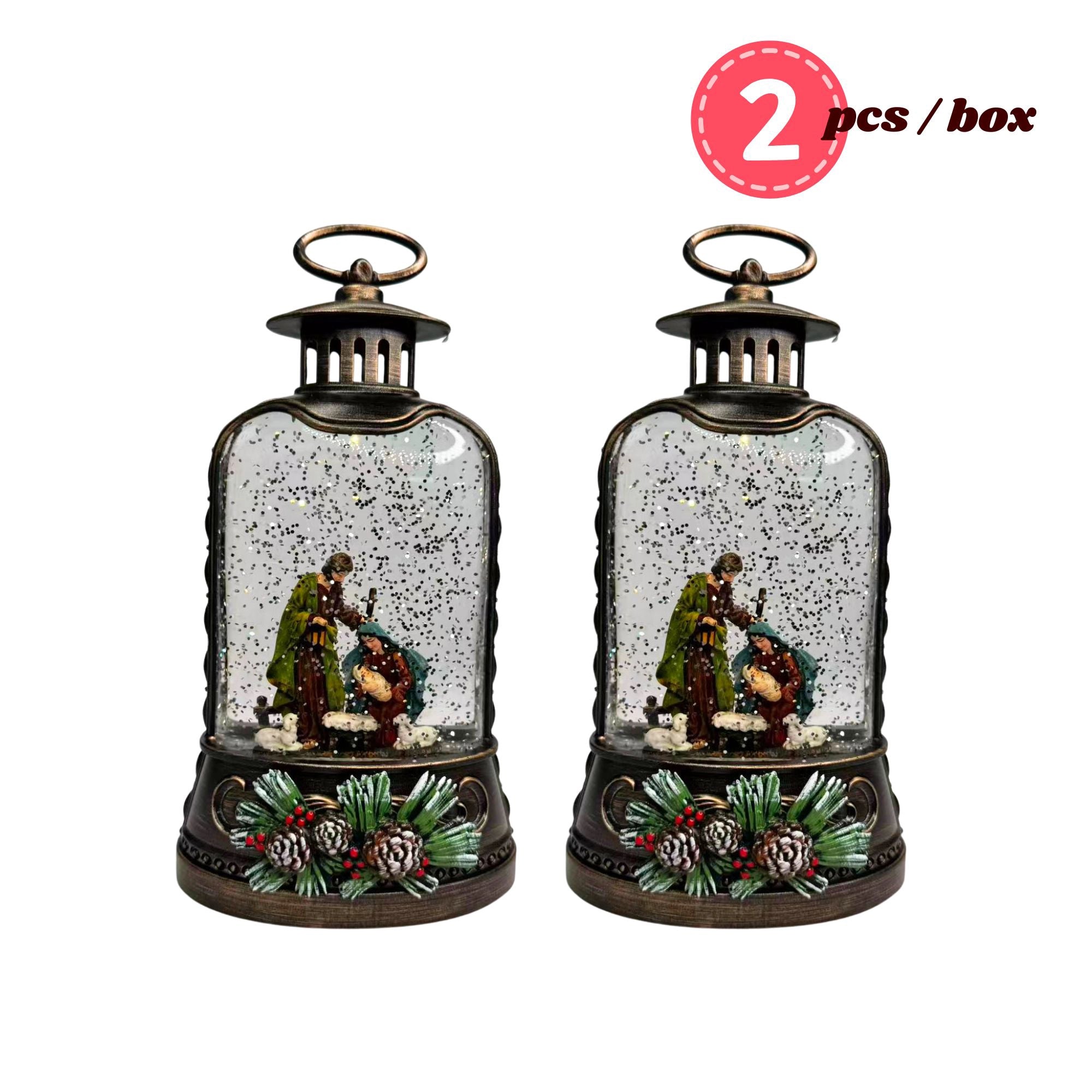 2pc/Box Lighted Nativity Water Lantern: Holy Family Glitter Snow Globe