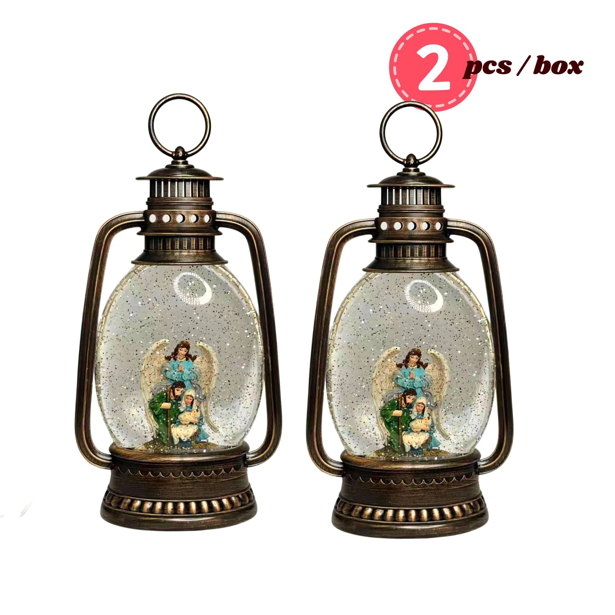 2pc/Box Vintage Nativity Swirling Glitter Water Lantern | LED Christmas Decor