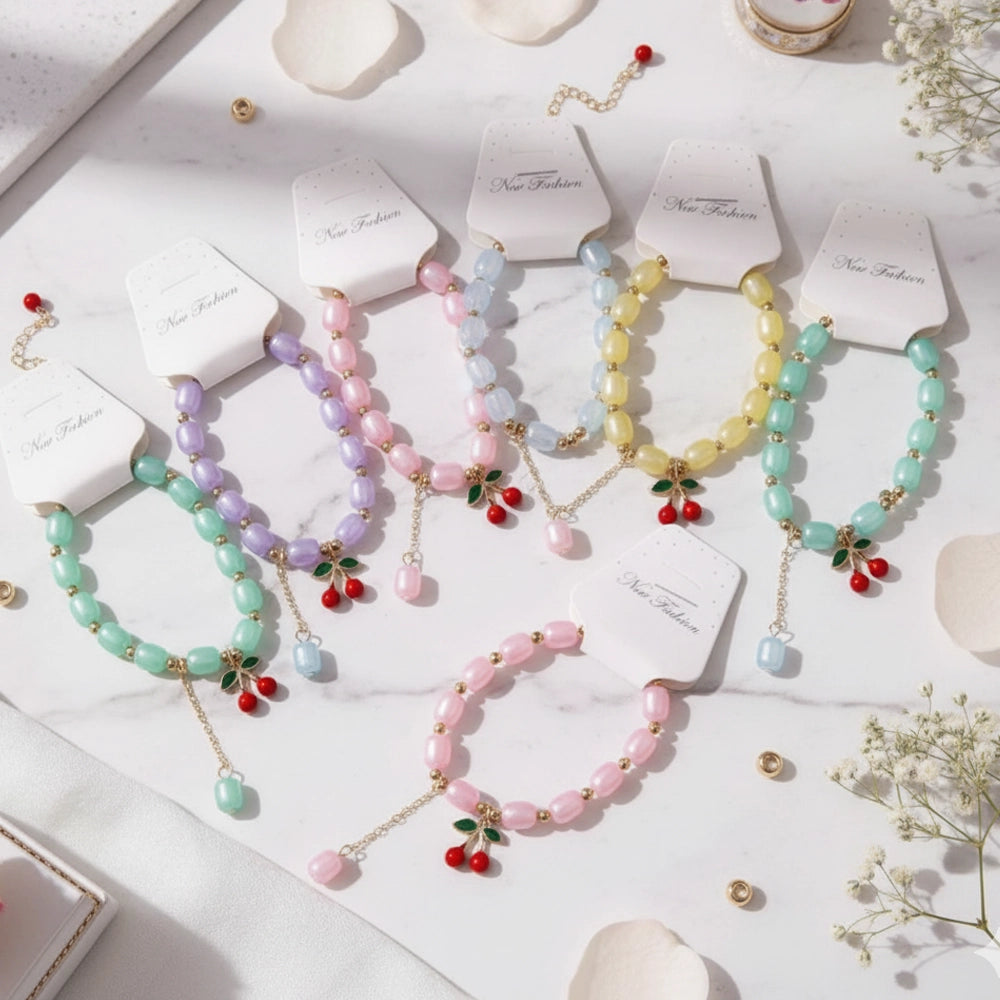 Pastel Beaded Cherry Charm Bracelet Collection | Stretch Elastic Design