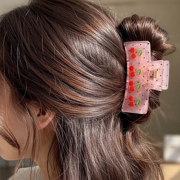 Cherry Bomb Style Pink Polka Dot Claw Clip with Cute Fruit Print