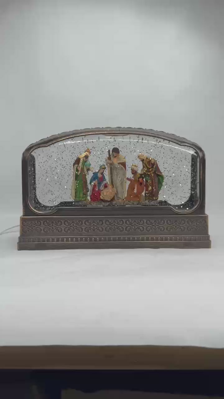 Load video: 2pc/Box Elegant 11-Inch Wide Horizontal Nativity Snow Water Lantern | LED Lighted Glitter Swirl Christmas Decor