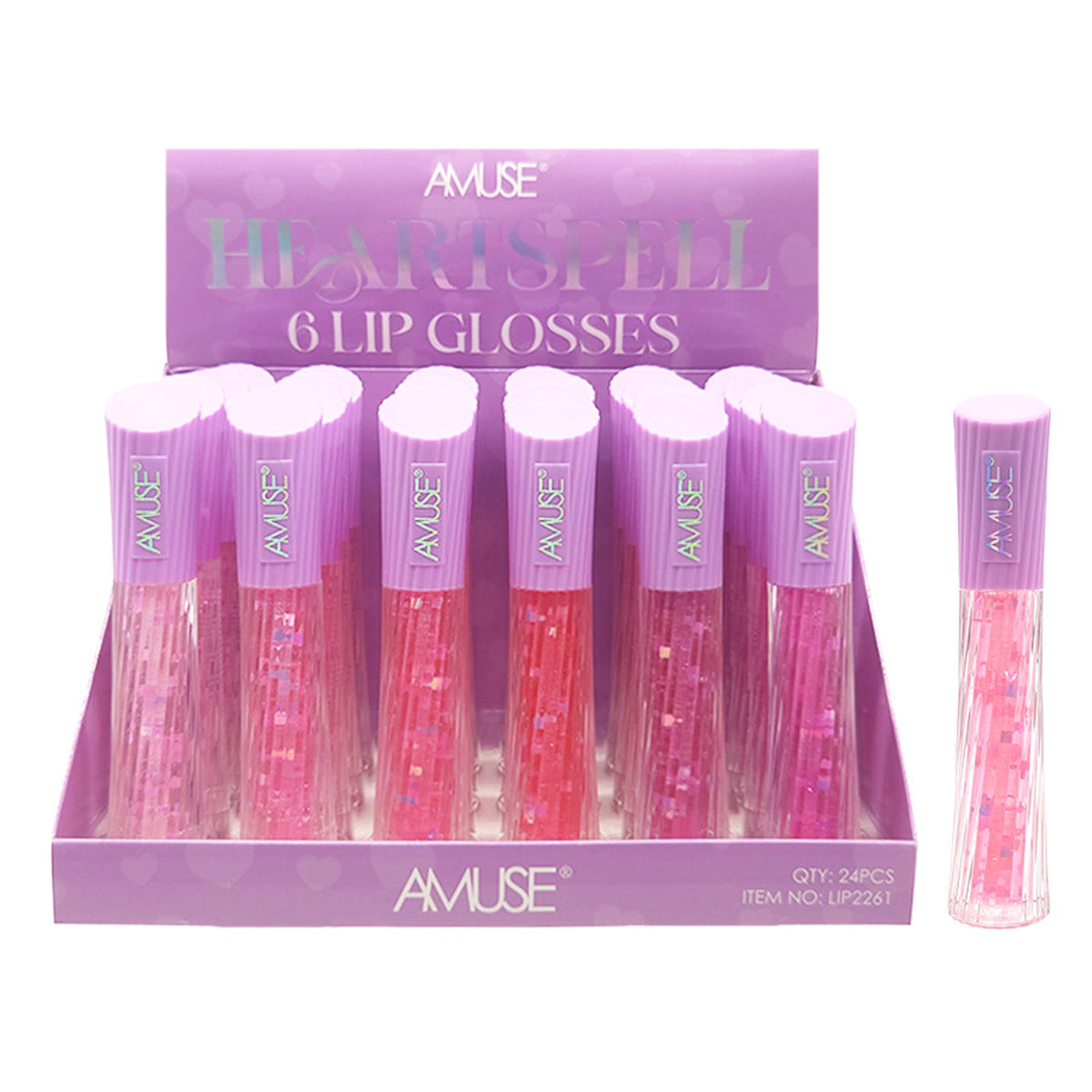 AMUSE Heart Spell Lip Gloss – Glitter Heart-Shaped Sparkle Lip Gloss, 6 Assorted Shades, 24 PCS Display