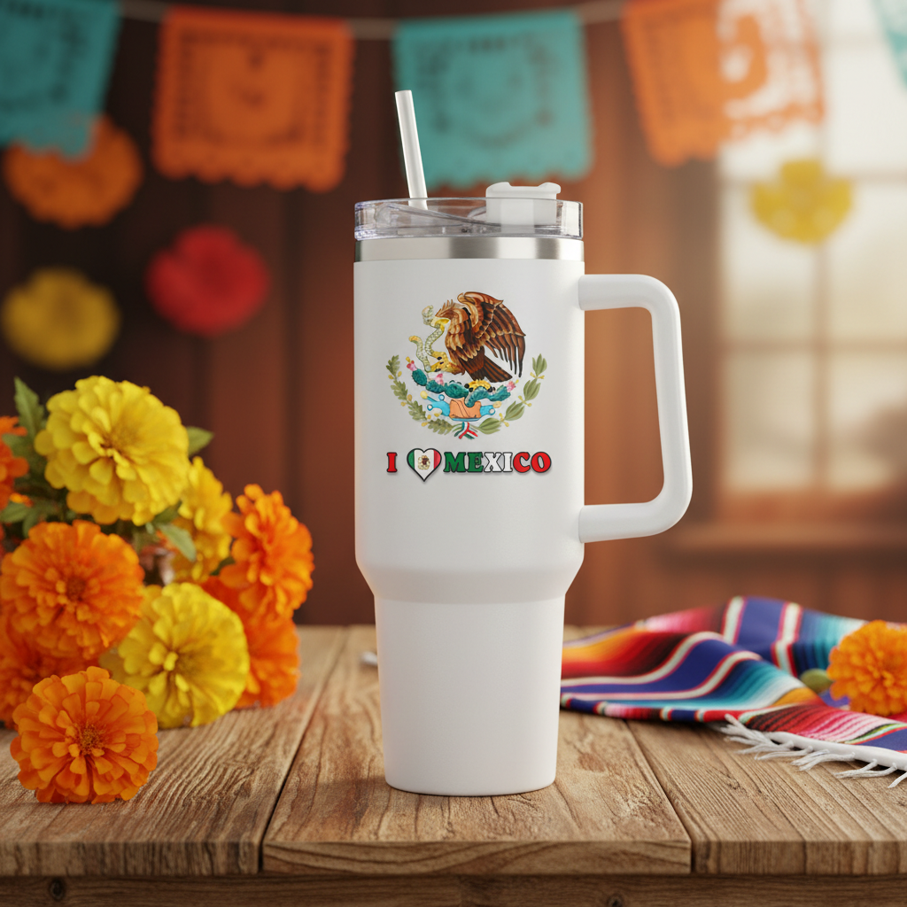 Premium 40oz Insulated Adventure Travel Tumbler with Handle - Mexico Heritage Edition - WHITE