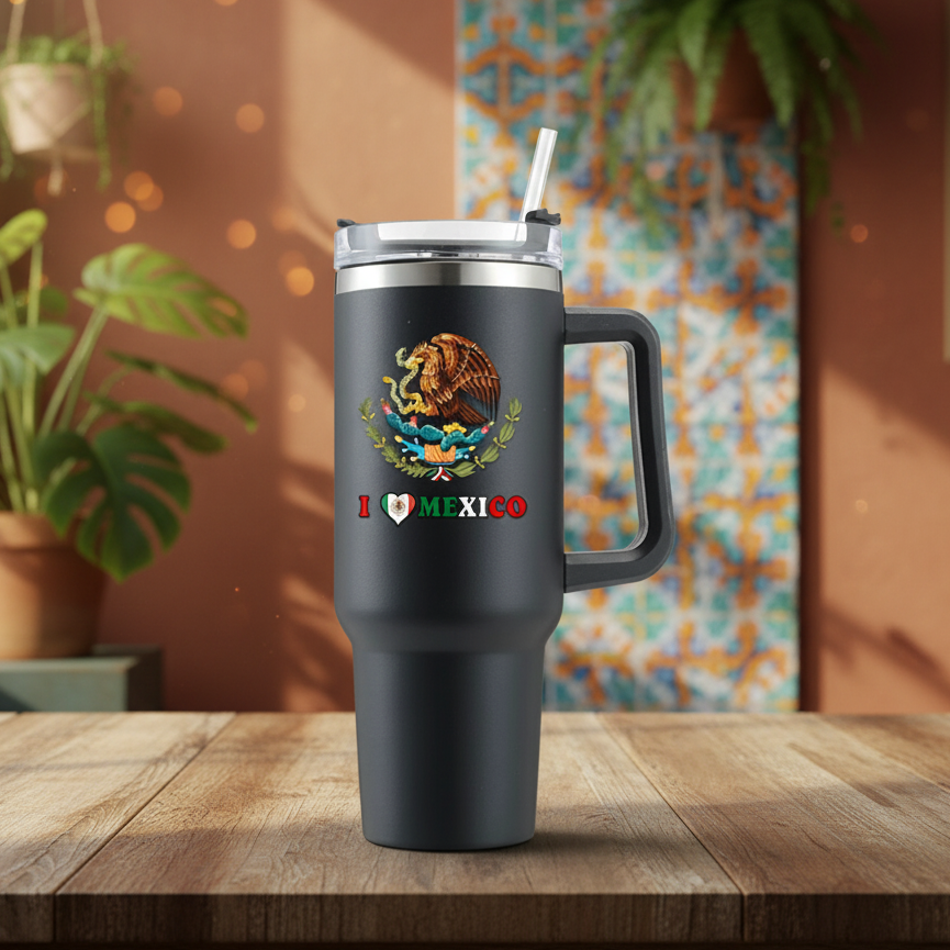 Premium 40oz Insulated Adventure Travel Tumbler with Handle - Mexico Heritage Edition - BLACK