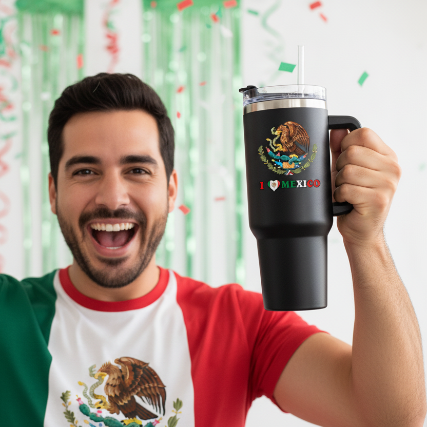 Premium 40oz Insulated Adventure Travel Tumbler with Handle - Mexico Heritage Edition - BLACK