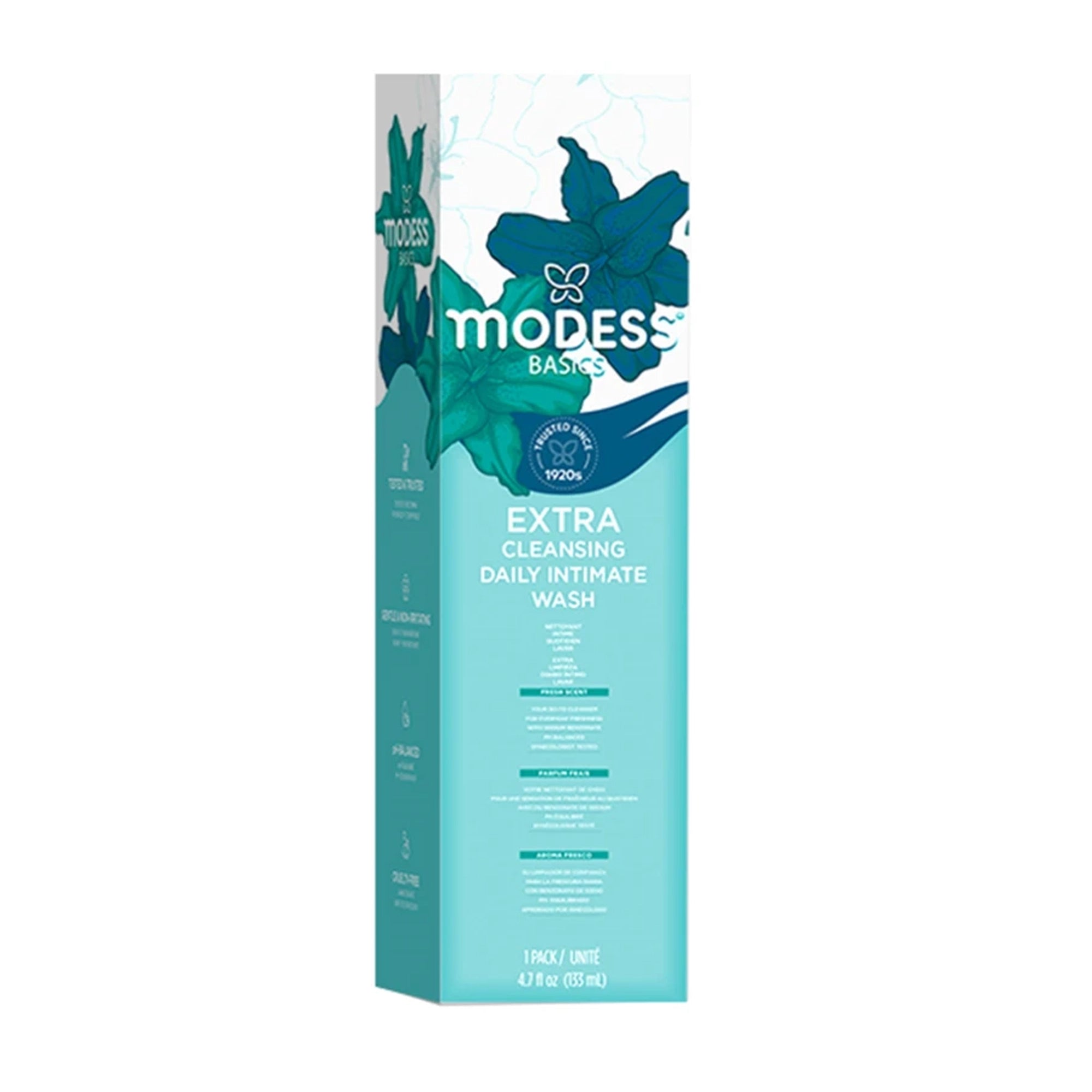 Modess Basics Extra Cleansing Daily Intimate Wash – Fresh Scent, pH-Balanced Feminine Hygiene (4.7 fl oz / 133 mL)