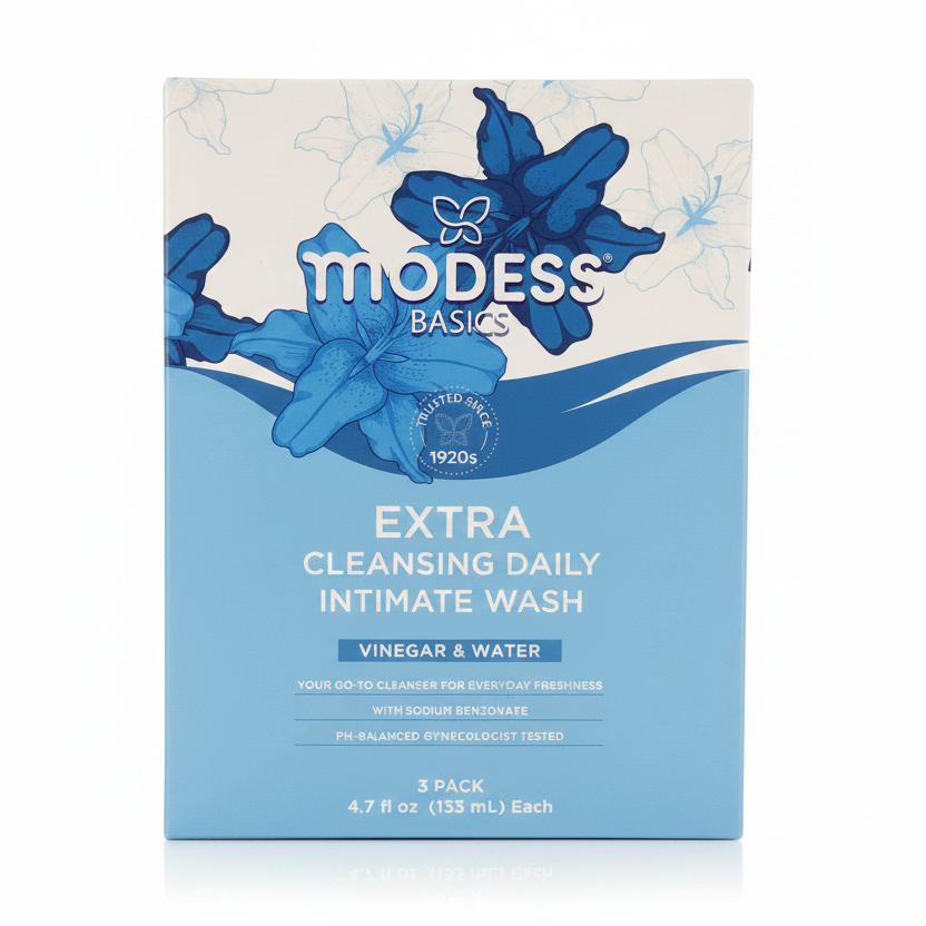 Modess Basics Extra Cleansing Daily Intimate Wash – Vinegar & Water (3 Pack, 4.7 fl oz / 138 mL Each)