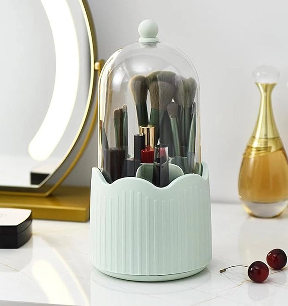 Makeup Brush Holder – Transparent Dustproof 360° Rotatable Storage (Light Green)
