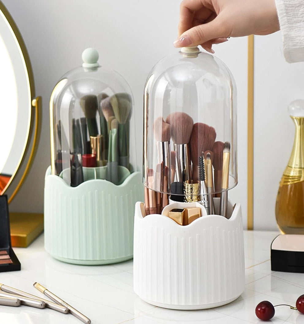Makeup Brush Holder – Transparent Dustproof 360° Rotatable Storage (Light Green)
