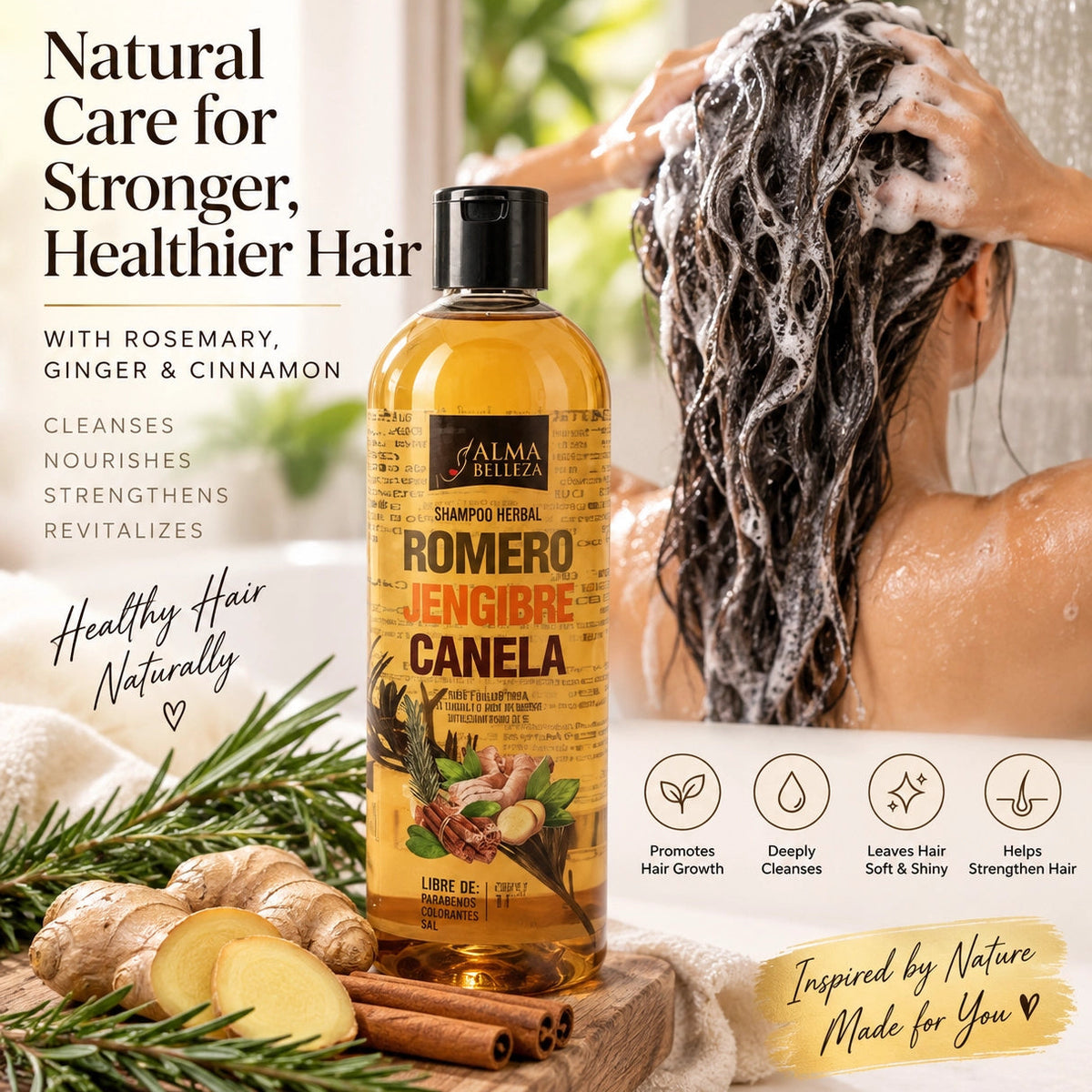 Alma Belleza Herbal Shampoo – Romero, Jengibre y Canela (Rosemary, Ginger & Cinnamon) Hair Care