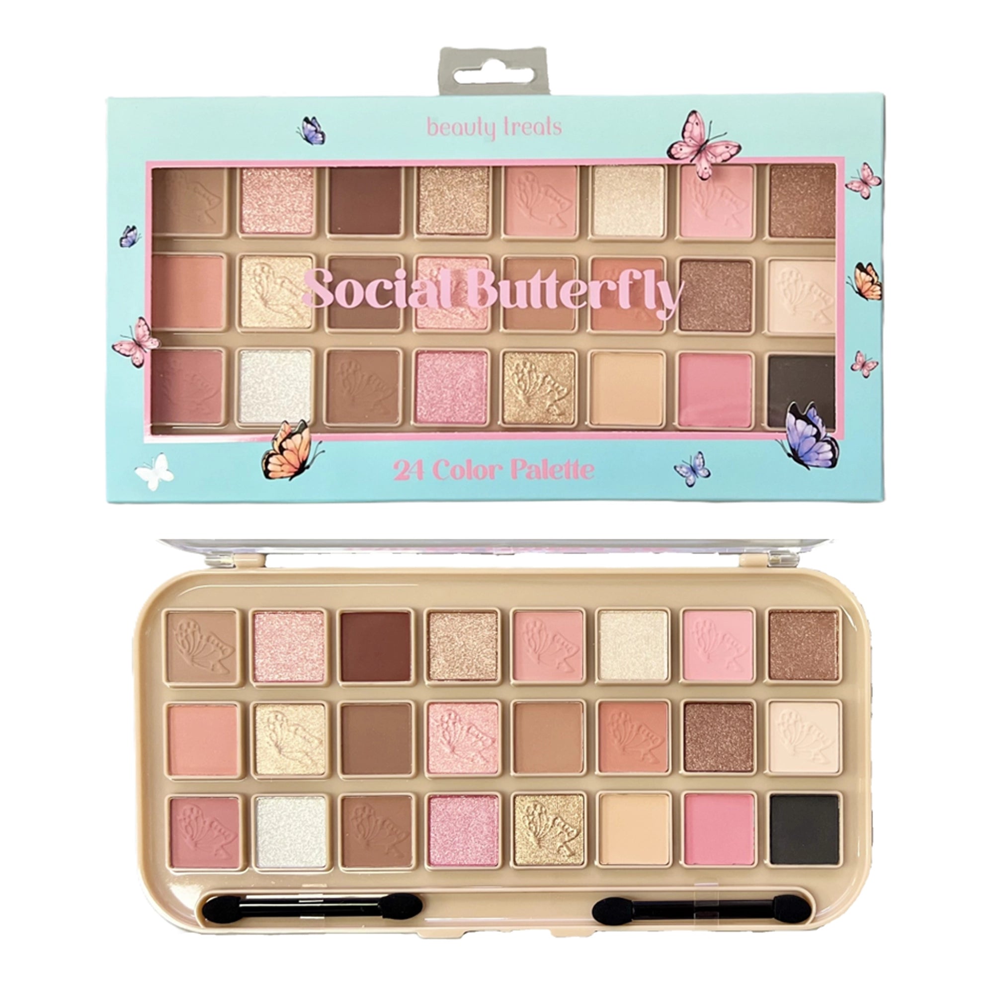 Beauty Treats Social Butterfly 24 Color Eyeshadow Palette – Highly Pigmented Matte, Shimmer, and Glitter Nude & Pink Makeup Palette with Dual-Ended Applicators