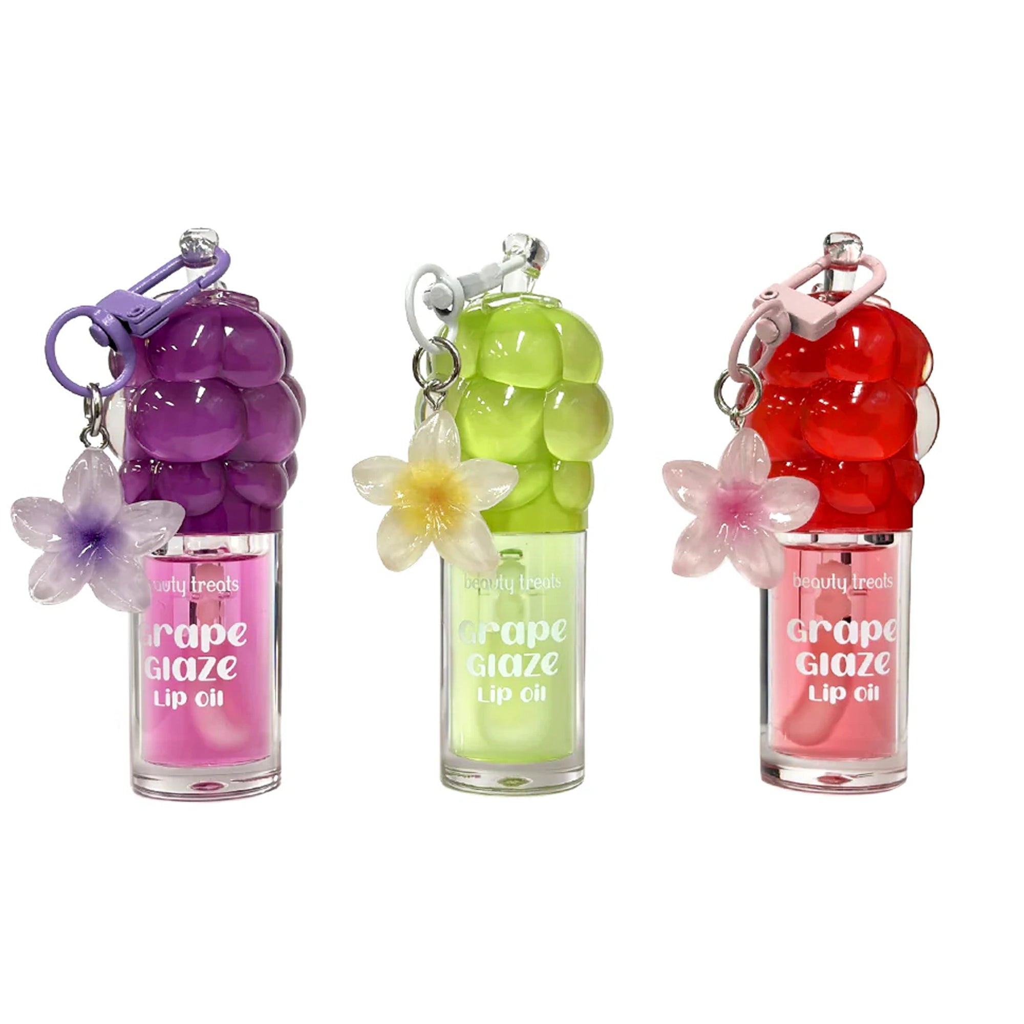 Beauty Treats Grape Glaze Lip Oil Wholesale Display Box – 24pc Scented Lip Gloss Set with Keychain