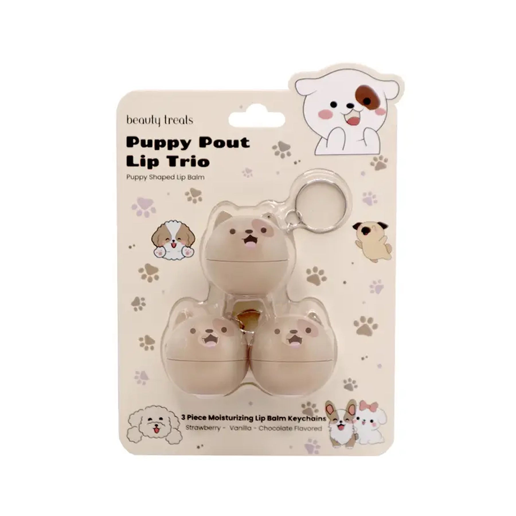 Beauty Treats - 3PC Puppy Head Lip Balm With Keychain