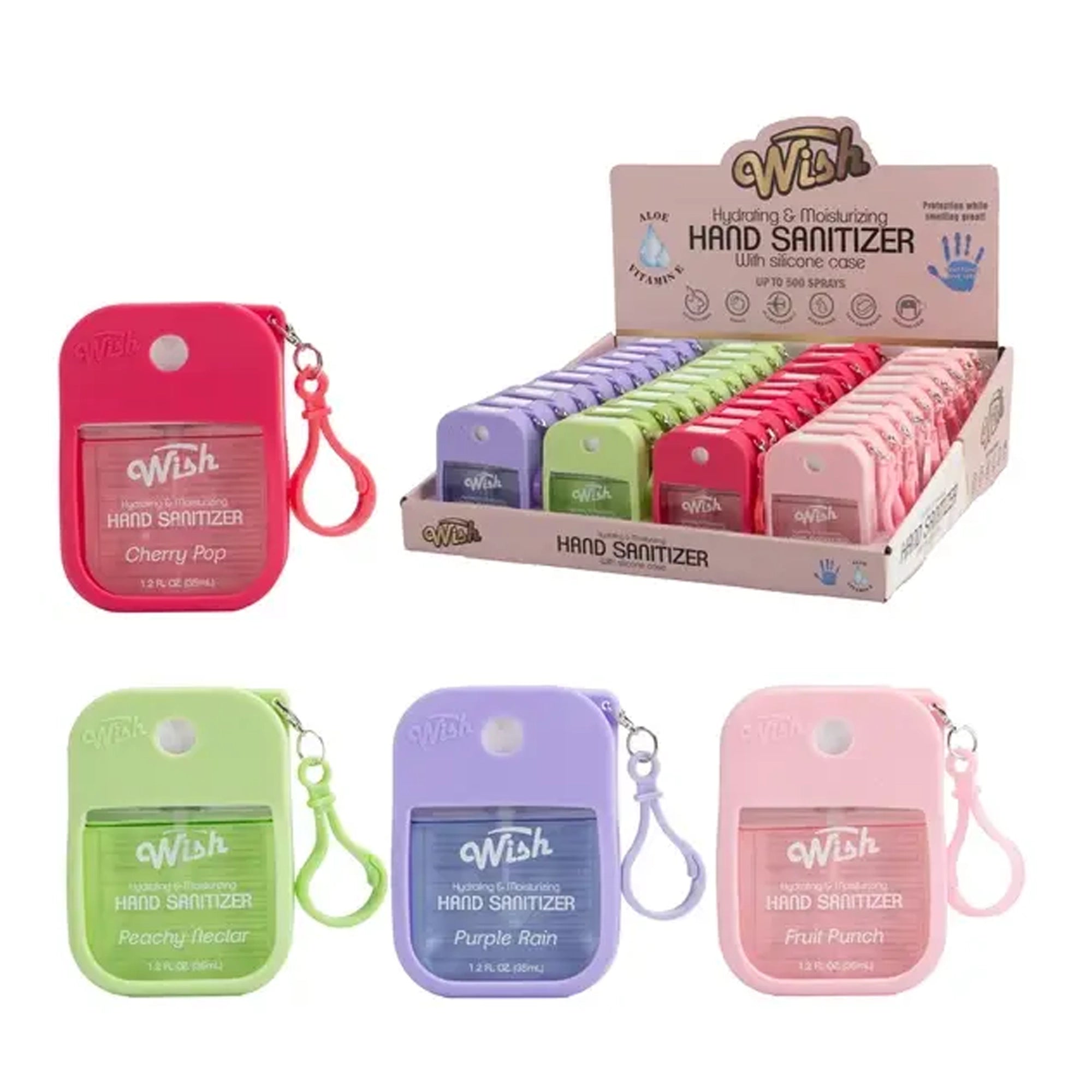 Wish 1.2oz Liquid Hand Sanitizer Spray with Silicone Keychain Holder & PDQ Counter Display – Portable Travel Size, Moisturizing Pocket Sanitizer (Bulk Pack)