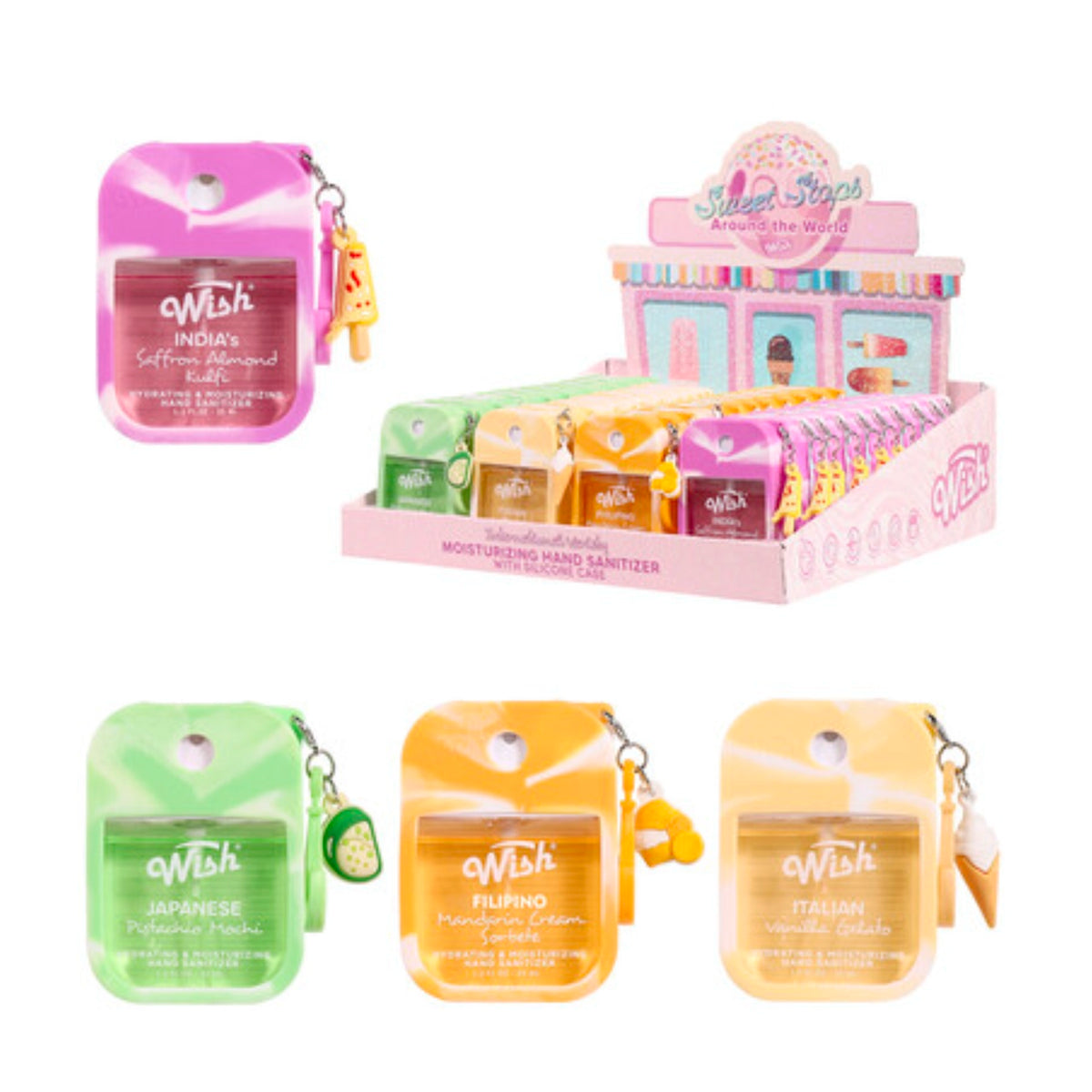 Wish Sweet Stops Around the World Moisturizing Hand Sanitizer Spray Set – 1.2 oz Travel Size with Cute Silicone Case & Charm Keychains