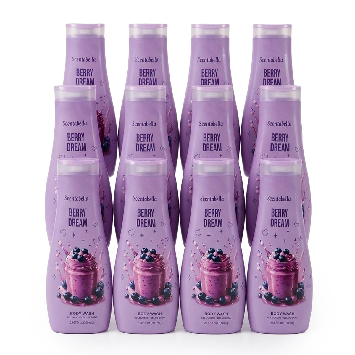 Scentabella Berry Dream Moisturizing Body Wash (23.67 oz / 700ml) – Creamy Berry Smoothie Shower Gel & Bath Wash with Blueberry & Sweet Cream Notes