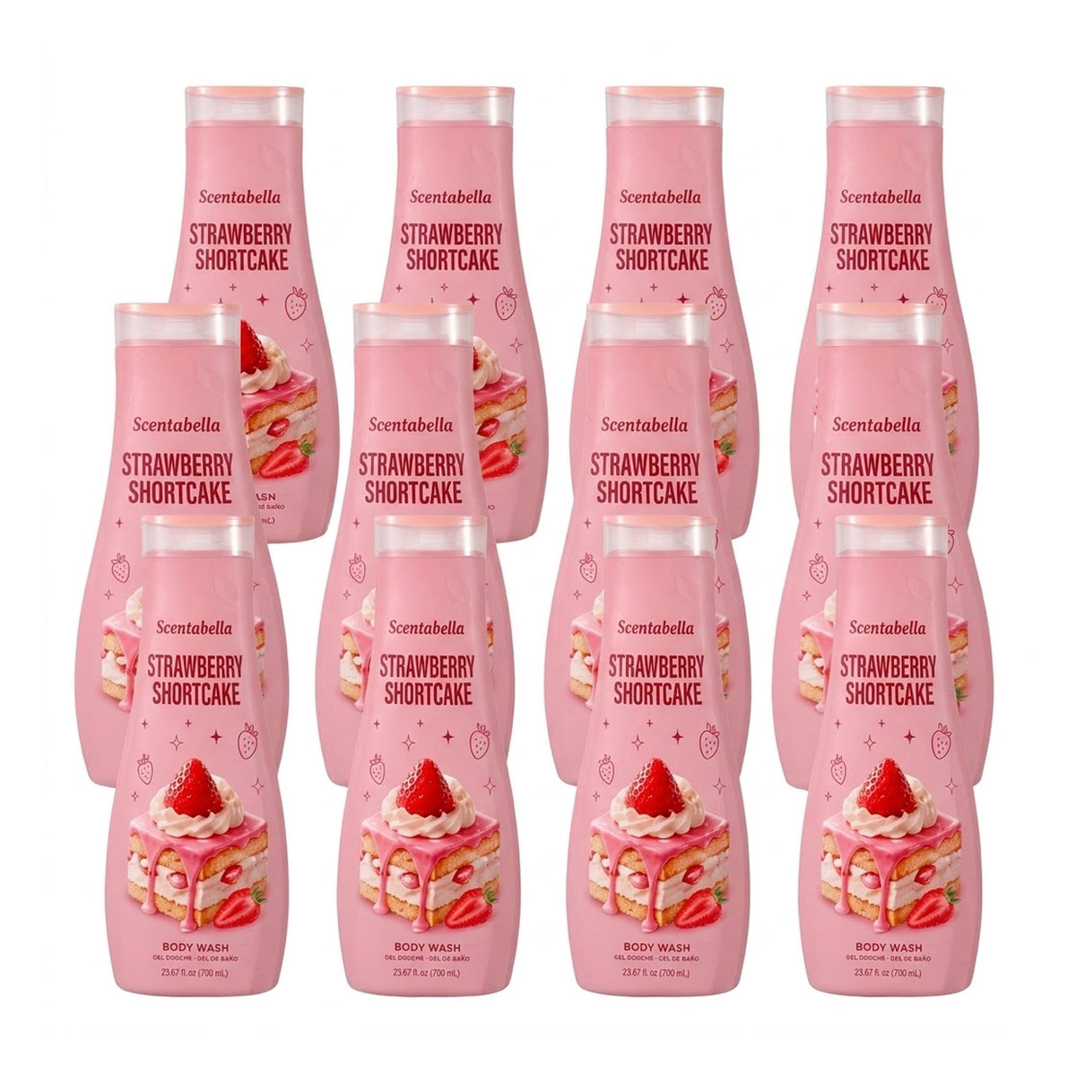 Scentabella Strawberry Shortcake Moisturizing Body Wash (23.67 oz / 700ml) – Sweet Gourmand Shower Gel & Bath Wash with Ripe Strawberry & Vanilla Cream Notes