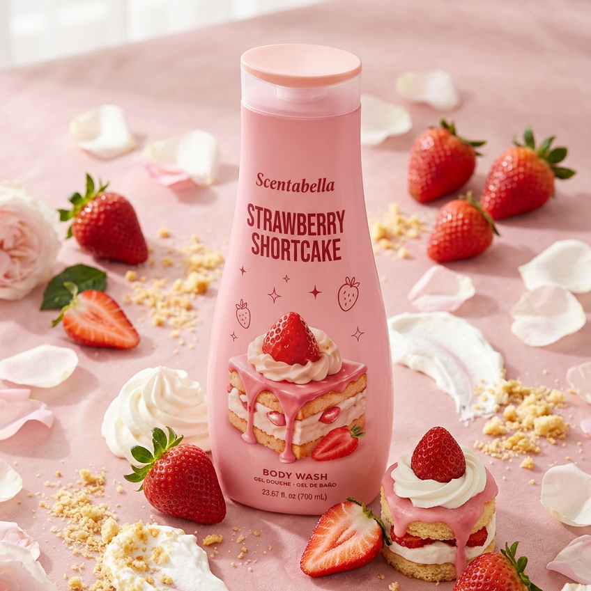 Scentabella Strawberry Shortcake Moisturizing Body Wash (23.67 oz / 700ml) – Sweet Gourmand Shower Gel & Bath Wash with Ripe Strawberry & Vanilla Cream Notes