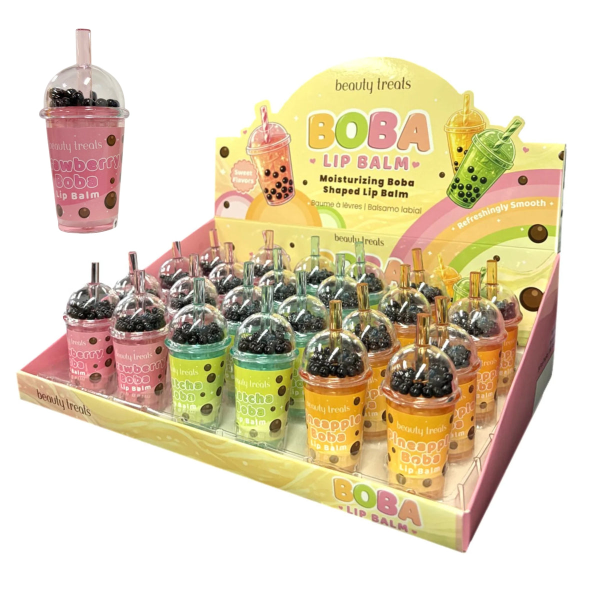 Beauty Treats Boba Lip Balm Display Set – Moisturizing Boba-Shaped Flavored Lip Balms