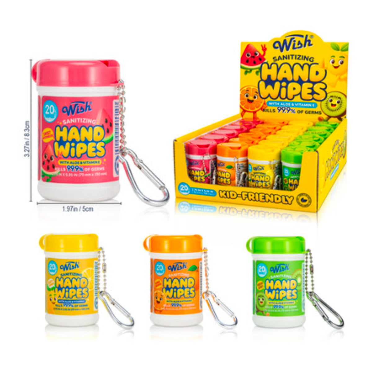 Wish Kid-Friendly Sanitizing Hand Wipes Mini Canister with Clip – 20 Count Travel Antibacterial Wipes with Aloe & Vitamin E