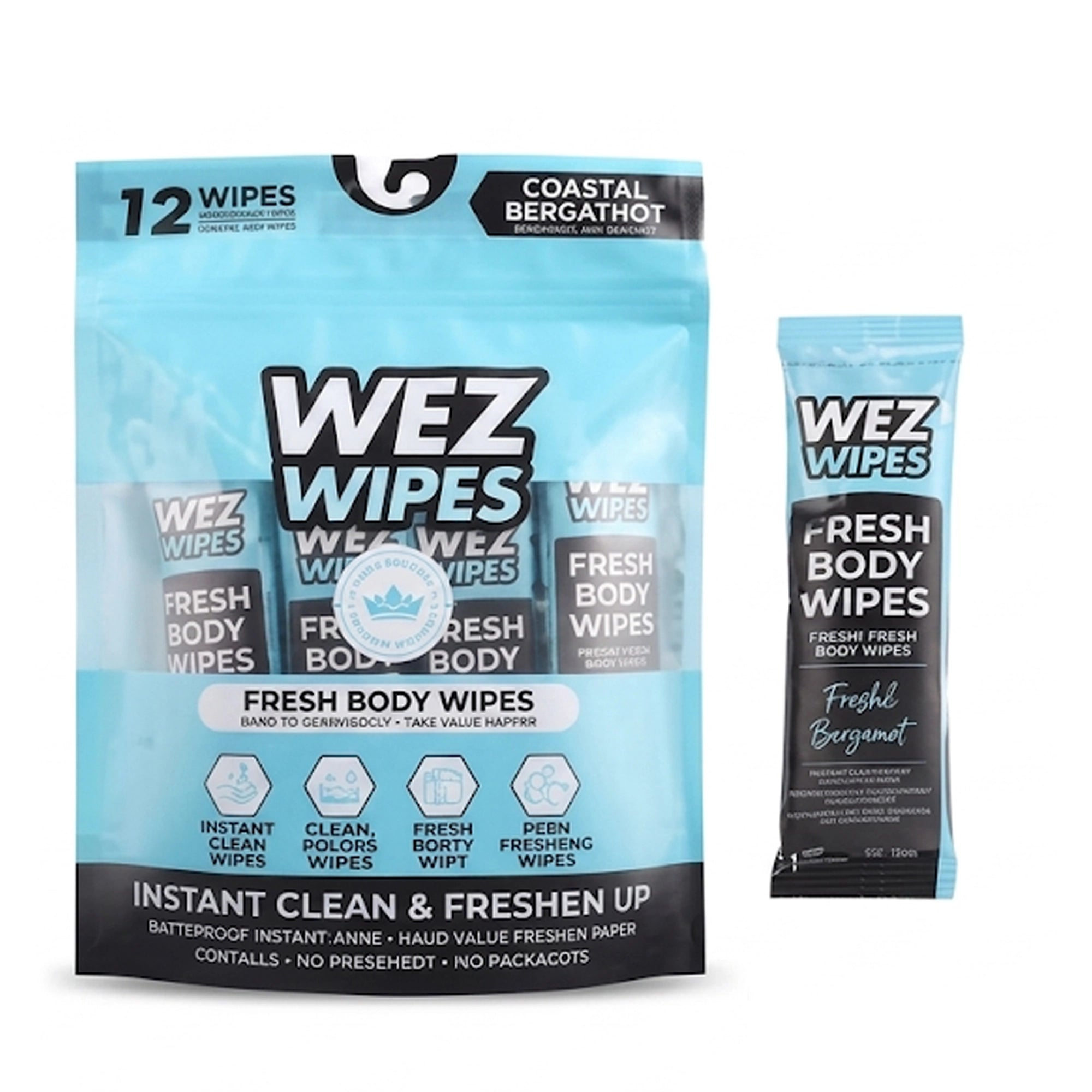 WEZ WIPES Fresh Body Wipes – Coastal Bergamot Scent, 12-Pack Individually Wrapped Extra Large Wet Wipes for Travel, Gym, Camping & Post-Workout Refreshing