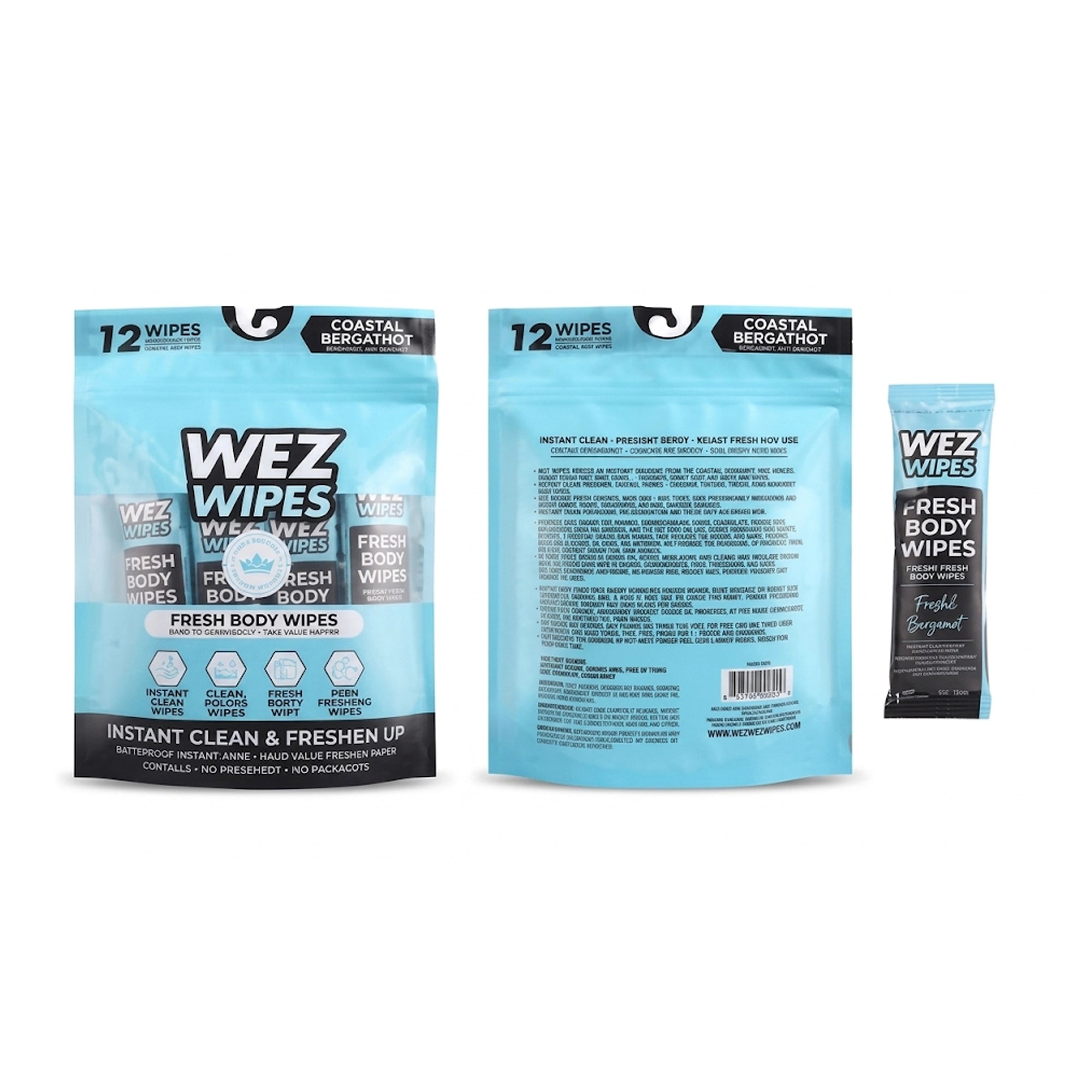 WEZ WIPES Fresh Body Wipes – Coastal Bergamot Scent, 12-Pack Individually Wrapped Extra Large Wet Wipes for Travel, Gym, Camping & Post-Workout Refreshing