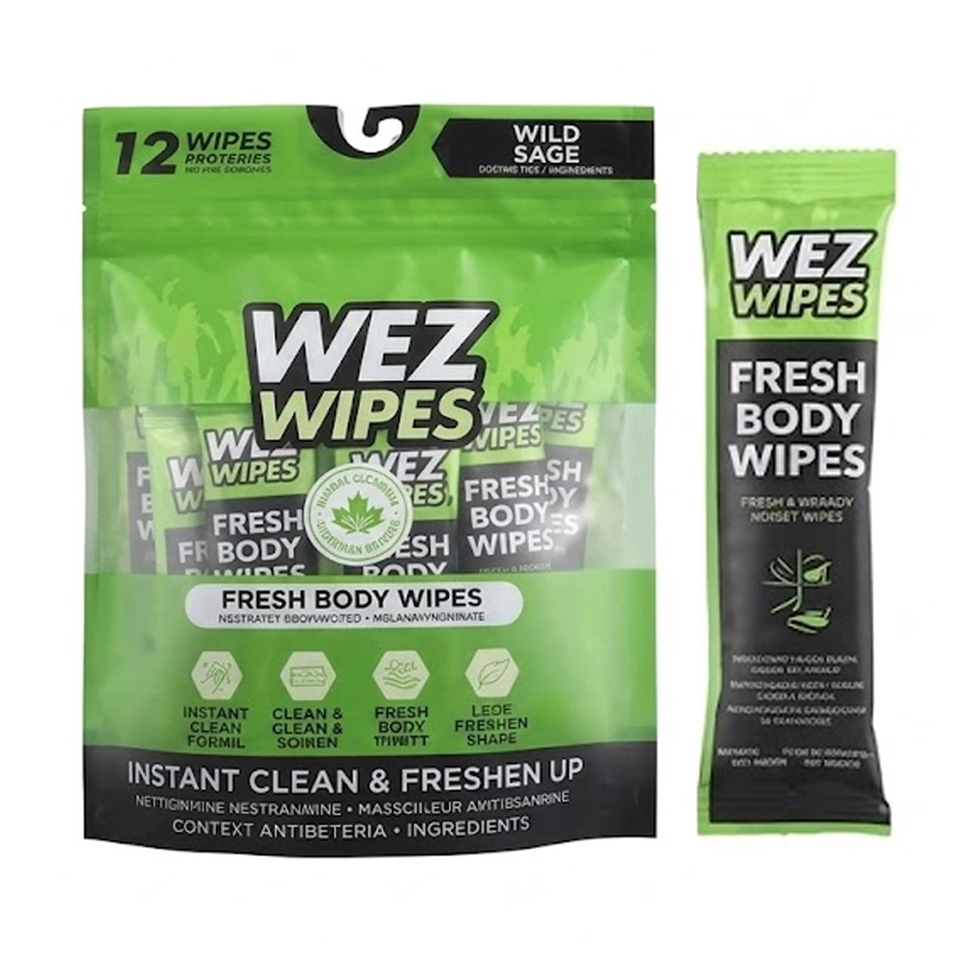 WEZ WIPES Wild Sage Fresh Body Wipes – 12 Individually Wrapped Portable Cleansing Cloths