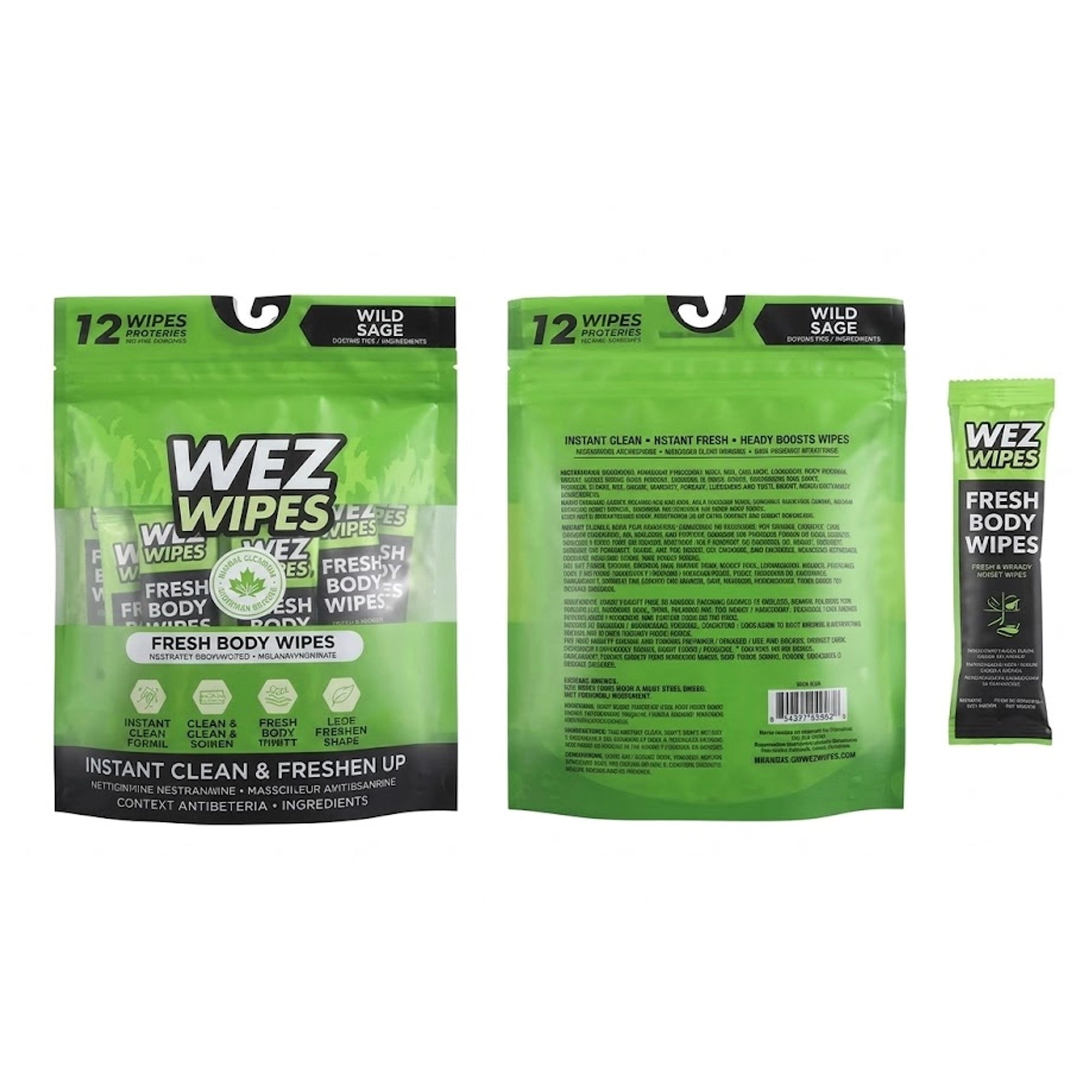 WEZ WIPES Wild Sage Fresh Body Wipes – 12 Individually Wrapped Portable Cleansing Cloths