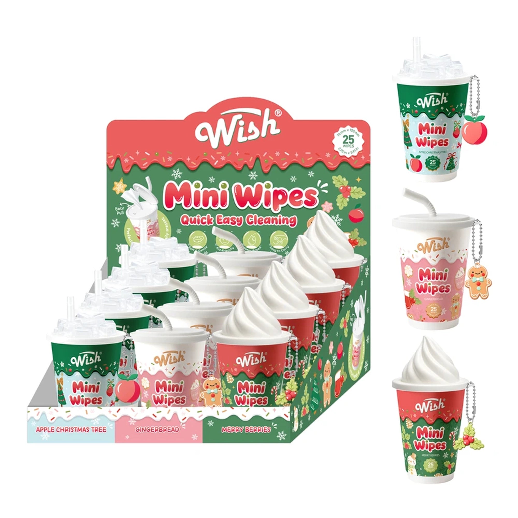 Wish Mini Hand Wipes Container with Keychain Clip - Portable Holiday Drink Design Cleaning Wipes (25 Count)