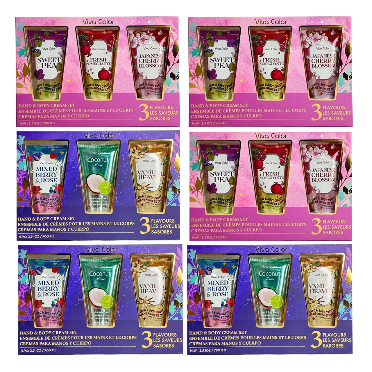 Viva Color Hand and Body Cream Gift Set – Sweet Pea, Fresh Pomegranate, Japanese Cherry Blossom, Mixed Berry, Coconut Lime, & Vanilla Heaven (2.5 oz / 70g each)