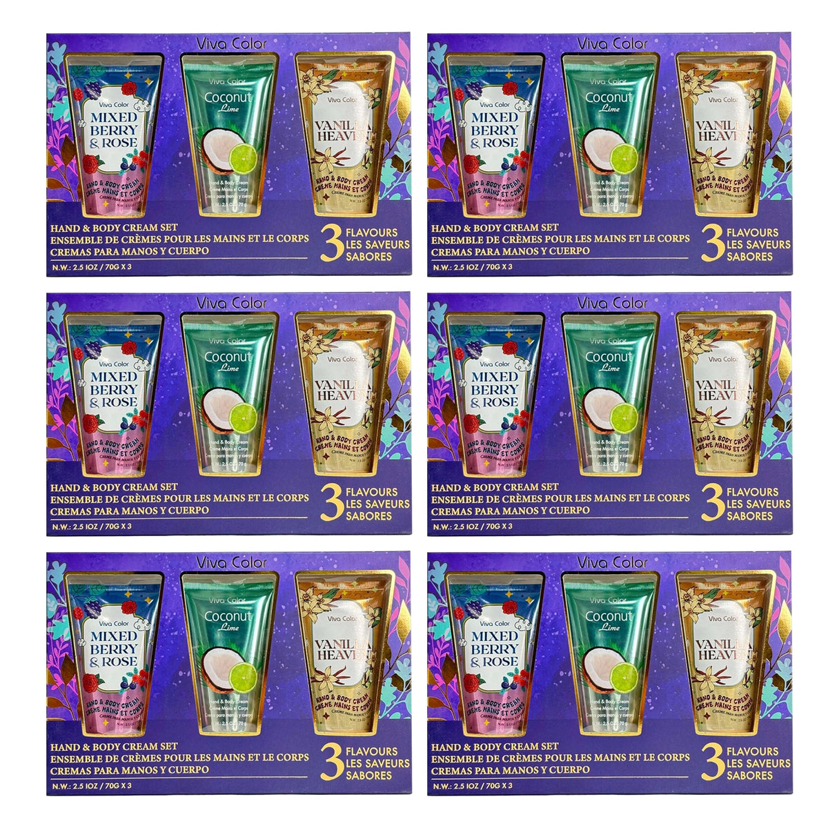 Viva Color Hand and Body Cream Gift Set – Sweet Pea, Fresh Pomegranate, Japanese Cherry Blossom, Mixed Berry, Coconut Lime, & Vanilla Heaven (2.5 oz / 70g each)