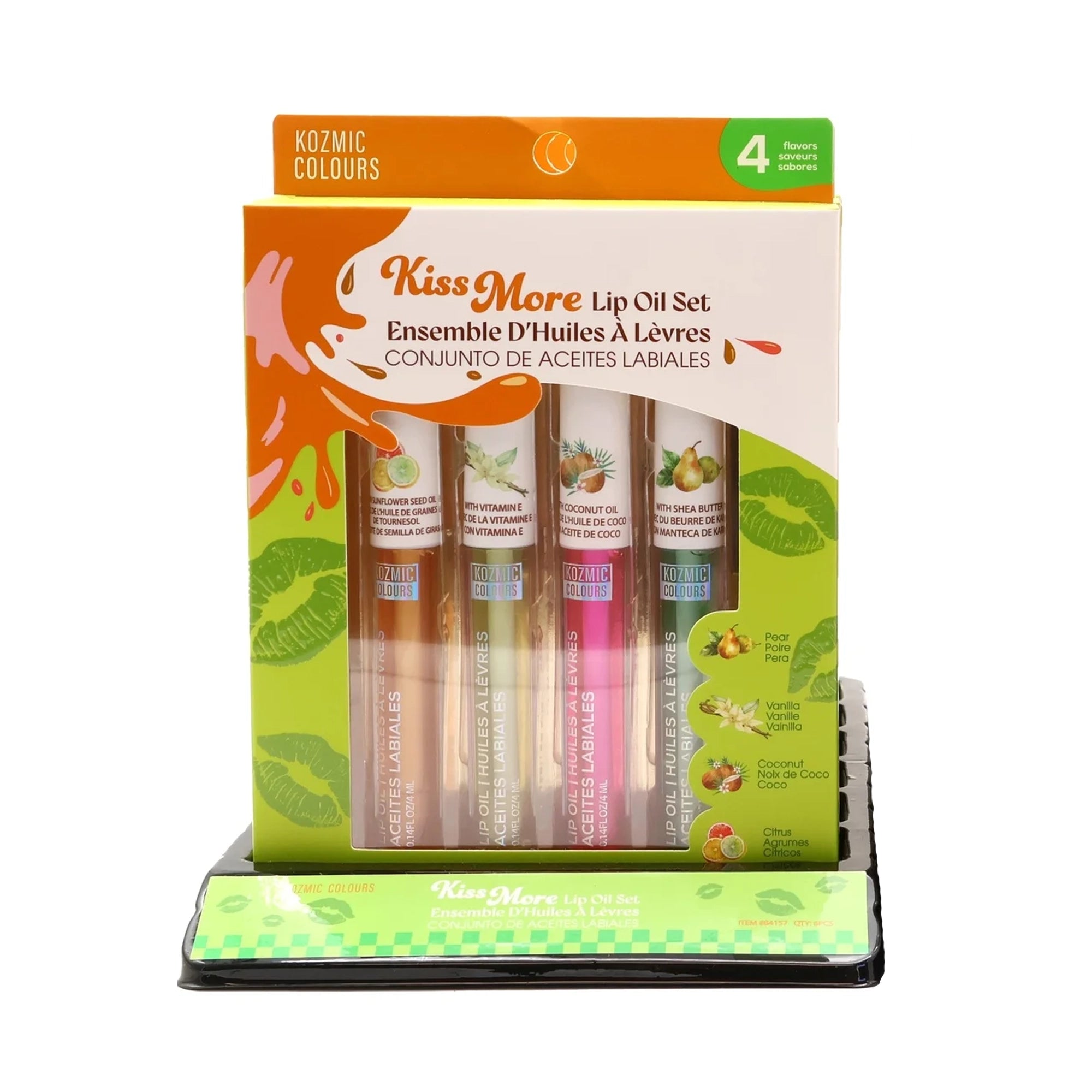 Kozmic Colours Kiss More 4-Piece Lip Oil Set – Nourishing Pear, Vanilla, Coconut, & Citrus