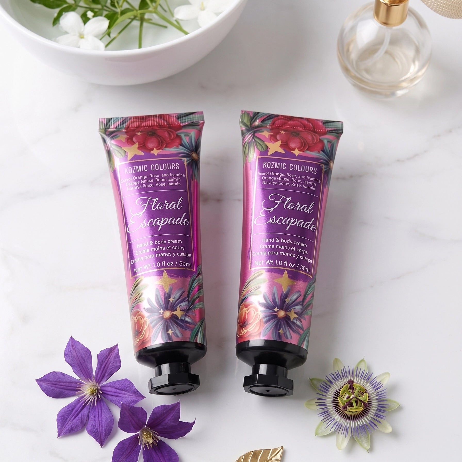Kozmic Colours Floral Escapade Hand & Body Cream Bulk Display – 24-Piece Set (1.0 oz / 30ml Each)