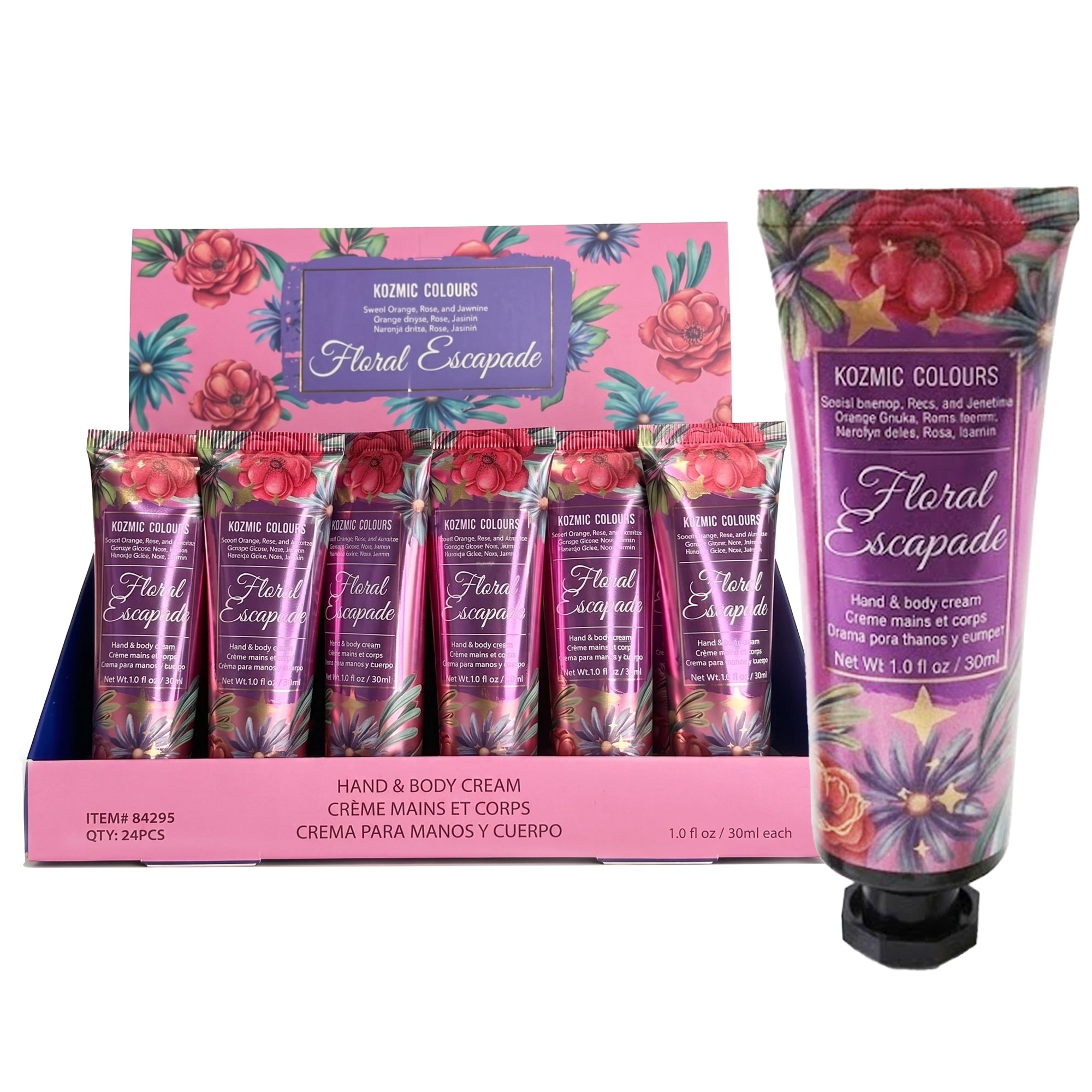Kozmic Colours Floral Escapade Hand & Body Cream Bulk Display – 24-Piece Set (1.0 oz / 30ml Each)
