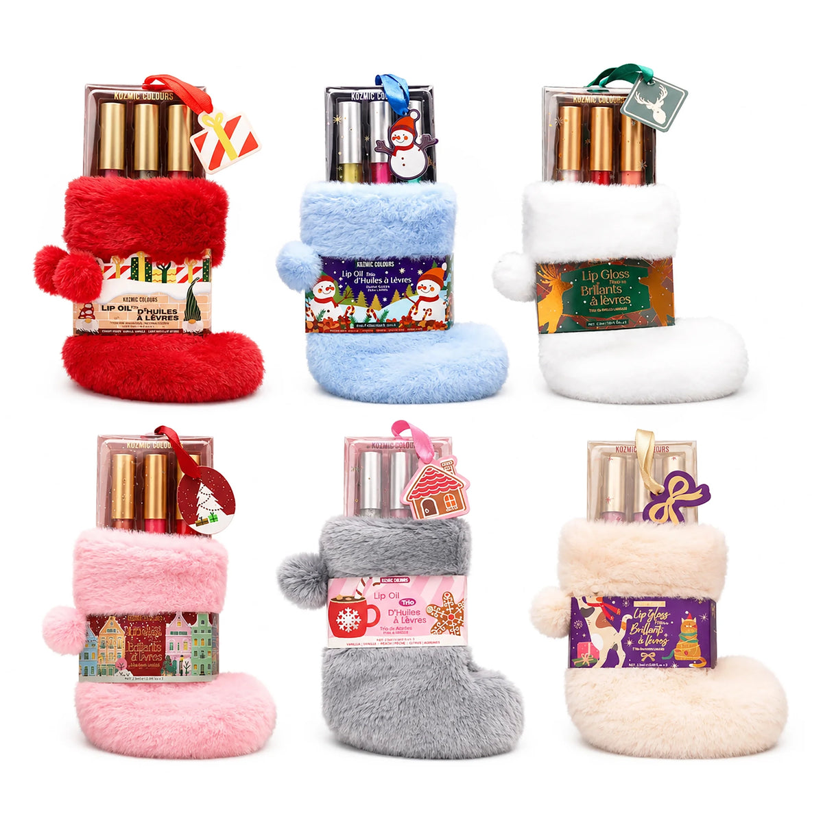 Kozmic Colors Holiday Lip Gloss Set – Assorted Festive Shades with Plush Christmas Stocking Gift Packaging