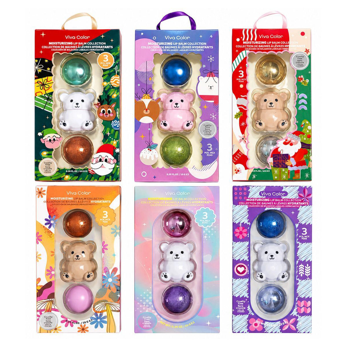 Viva Color Bear-Shaped Moisturizing Lip Balm Set – Cute 3-Piece Lip Care Collection, Assorted Designs
