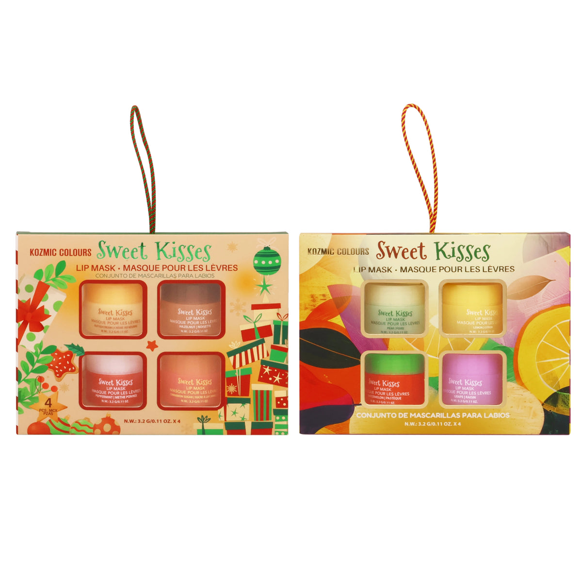 Kozmic Colours "Sweet Kisses" 4-Piece Nourishing Lip Mask Gift Box Set – Holiday & Fruity Flavor Assortment 12-Pack