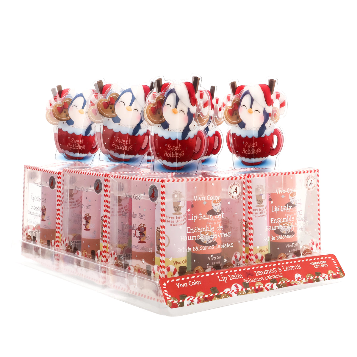 Viva Color "Sweet Holidays" Penguin Cocoa Mug 4-Piece Lip Balm Gift Set – Festive Flavor Assortment 6-Pack Counter Display Box