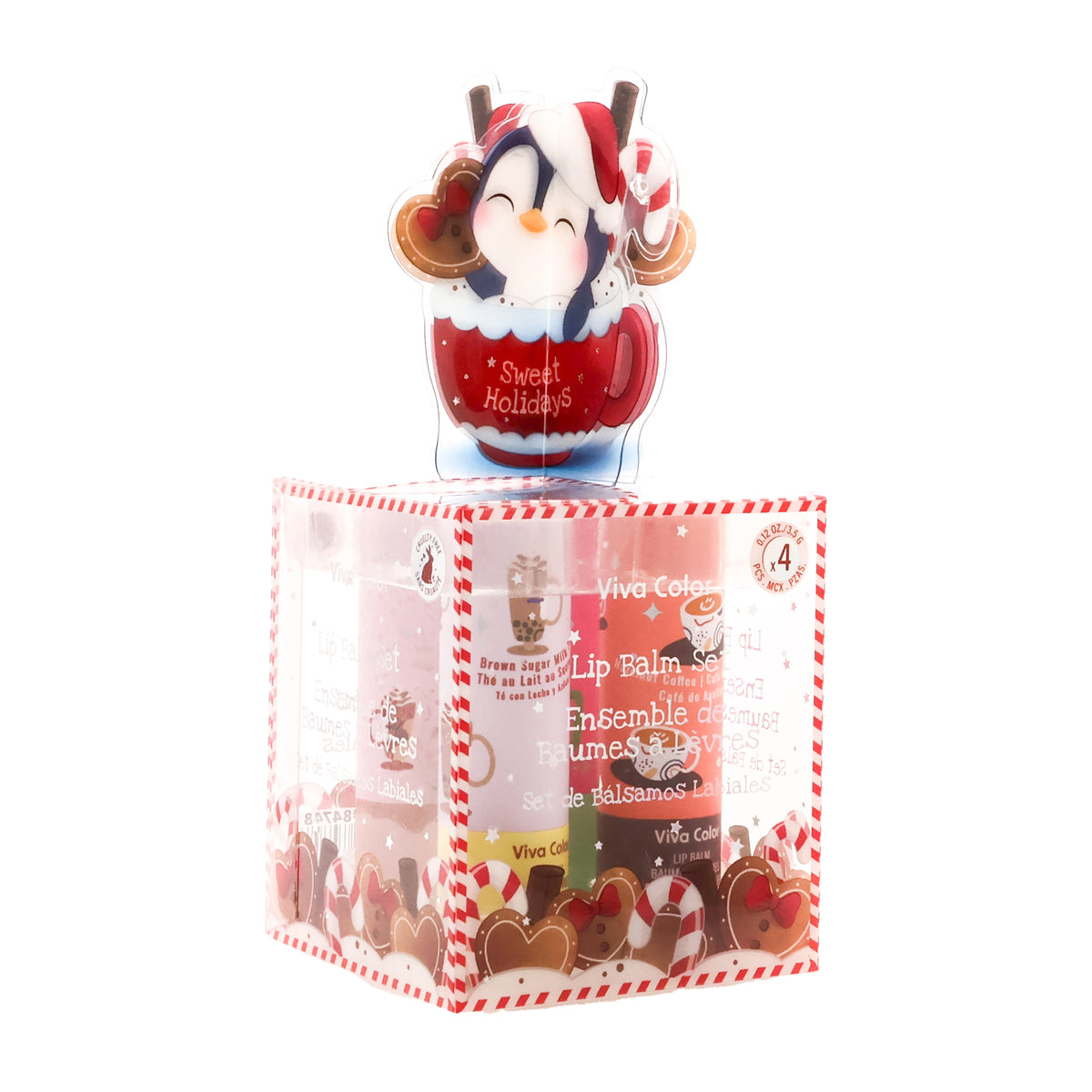 Viva Color "Sweet Holidays" Penguin Cocoa Mug 4-Piece Lip Balm Gift Set – Festive Flavor Assortment 6-Pack Counter Display Box