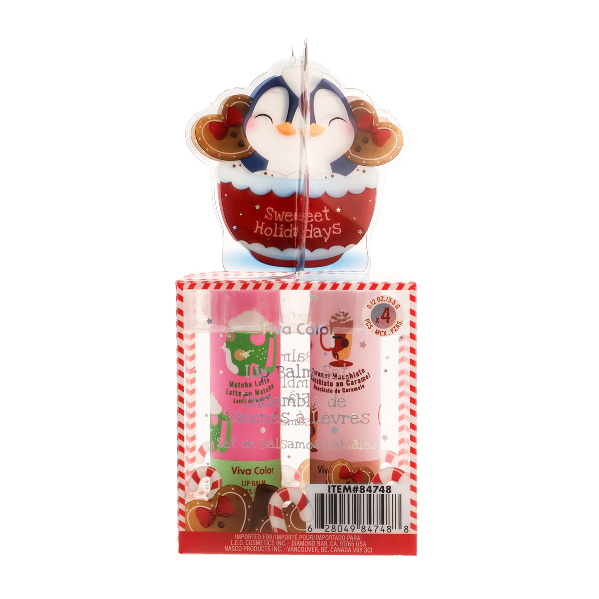 Viva Color "Sweet Holidays" Penguin Cocoa Mug 4-Piece Lip Balm Gift Set – Festive Flavor Assortment 6-Pack Counter Display Box