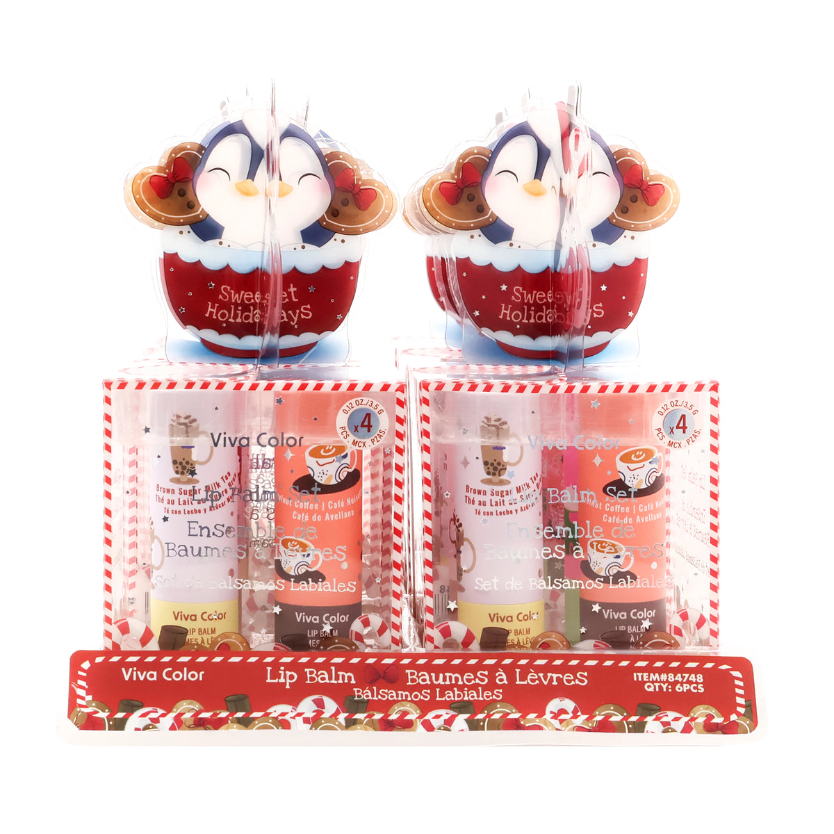 Viva Color "Sweet Holidays" Penguin Cocoa Mug 4-Piece Lip Balm Gift Set – Festive Flavor Assortment 6-Pack Counter Display Box