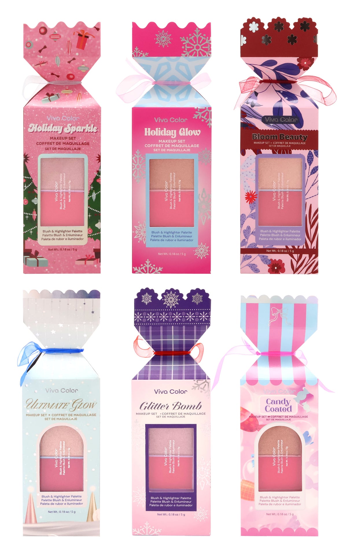 Viva Color Holiday Makeup Gift Cracker Set – Blush & Highlighter Duo Palette Assortment 12-Piece Wholesale Pack