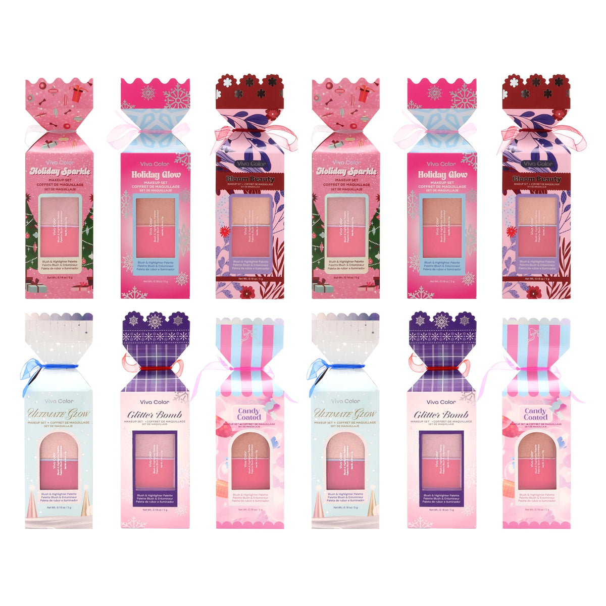 Viva Color Holiday Makeup Gift Cracker Set – Blush & Highlighter Duo Palette Assortment 12-Piece Wholesale Pack
