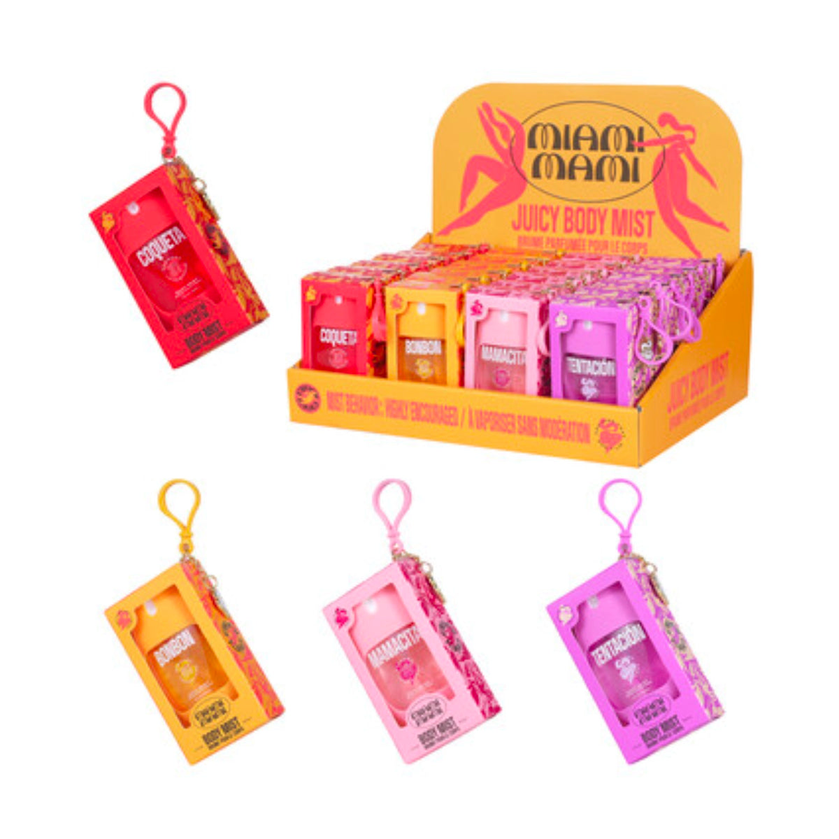 Miami Mami Juicy Body Mist Pocket Spray with Keychain Loop – Portable Fragrance Mist Assortment (24pcs)