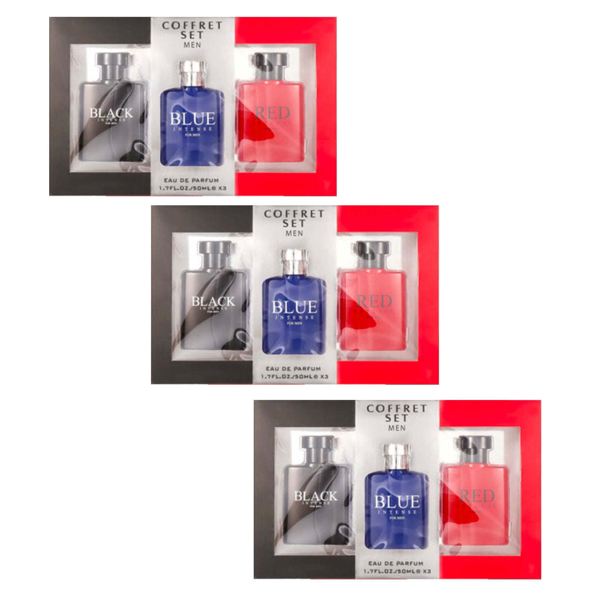 Coffret Set for Men Eau De Parfum Trio – 3-Piece Cologne Set (Black Intense, Blue Intense, Red Intense - 50ml / 1.7 fl oz Each)