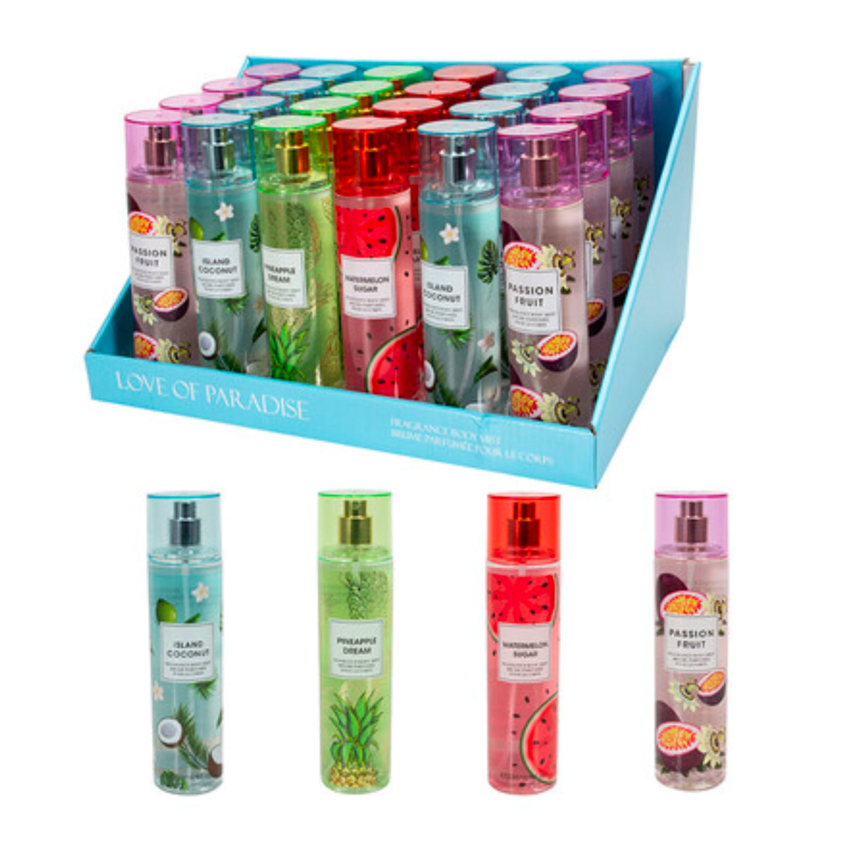 Love of Paradise Fragrance Body Mist Collection – Tropical Scented Body Spray Assortment (24pcs)