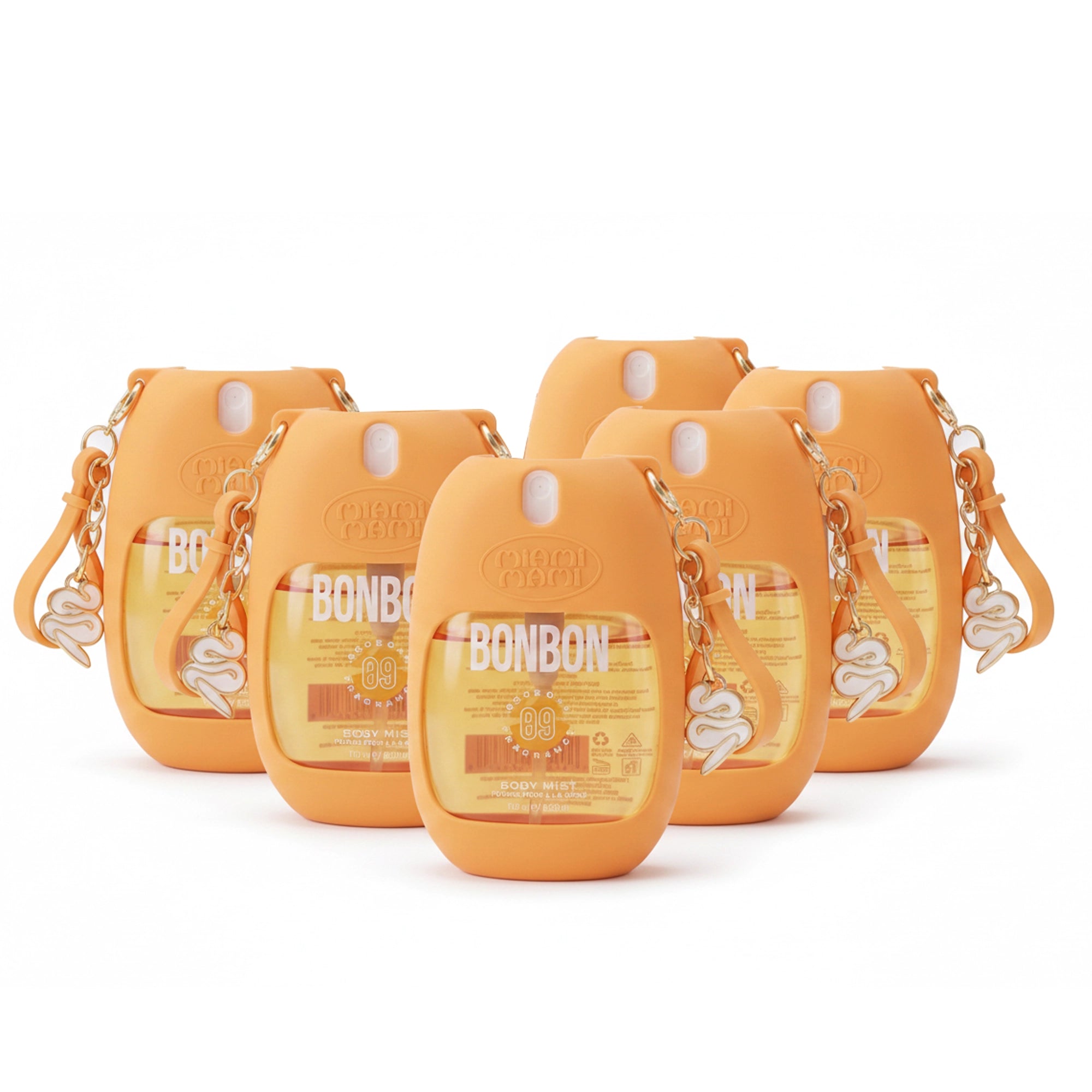 Miami Mami Fragrance Body Mist Bonbon (6-Pack) | 1.7oz Portable Travel Spray with Orange Silicone Holder Keychain and Charm