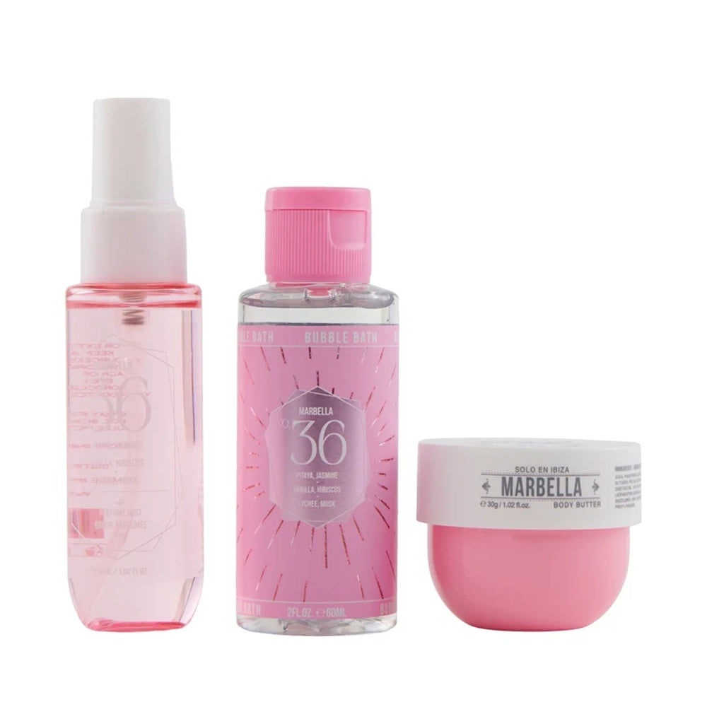 Solo En Ibiza Marbella Travel Bath & Body Gift Set – Perfume Mist, Bubble Bath & Body Butter