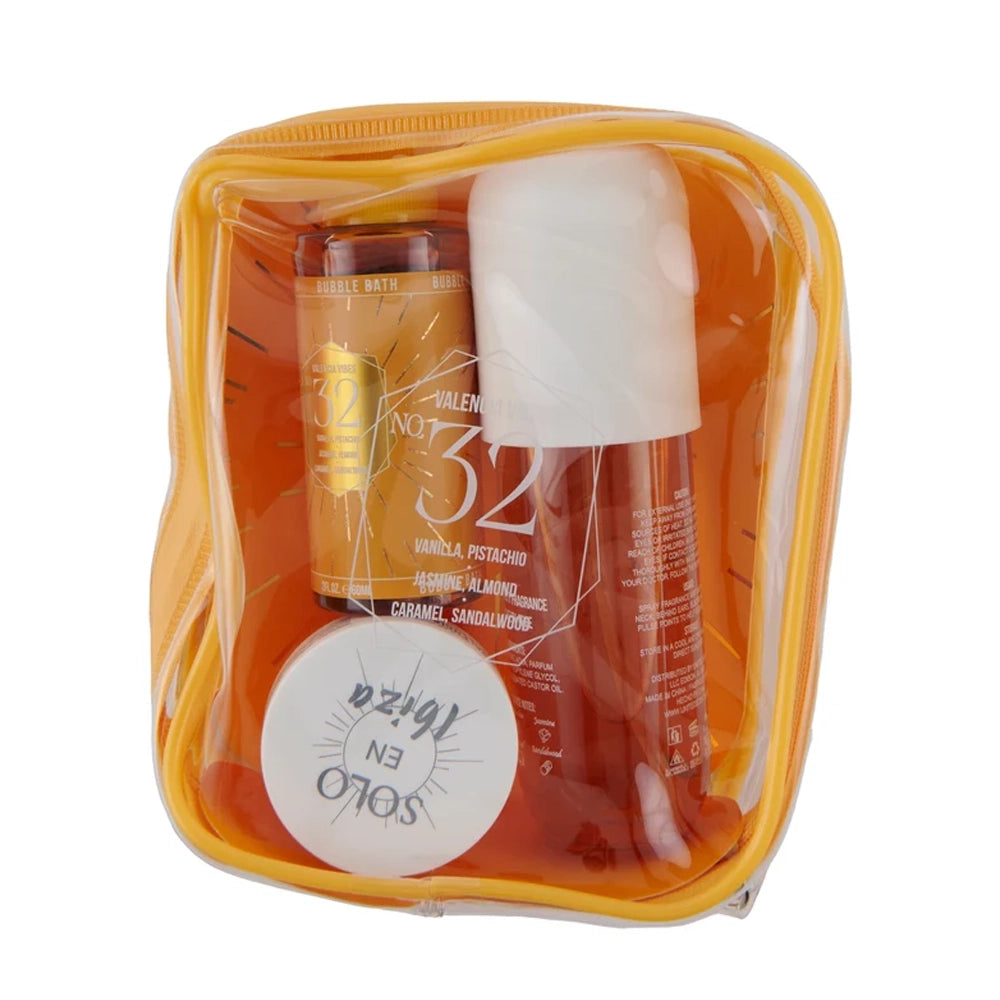 Solo En Ibiza Valencia Vibes Travel Bath & Body Gift Set - Vanilla, Pistachio & Caramel (3-Piece Set with Clear Toiletry Bag)